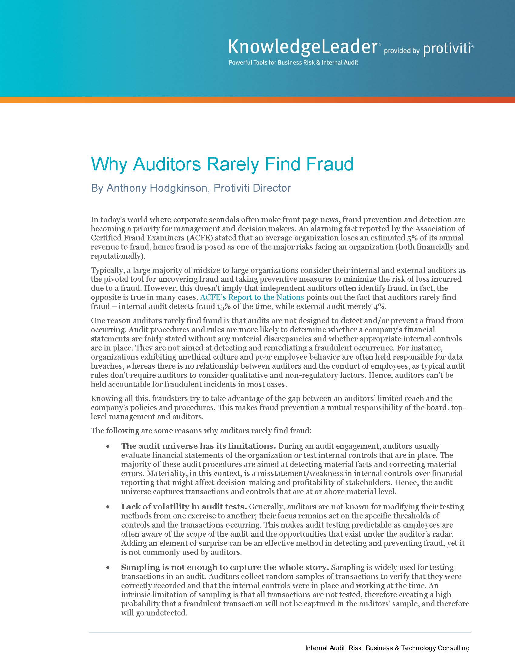 Screenshot of the first page of Why Auditors Rarely Find Fraud