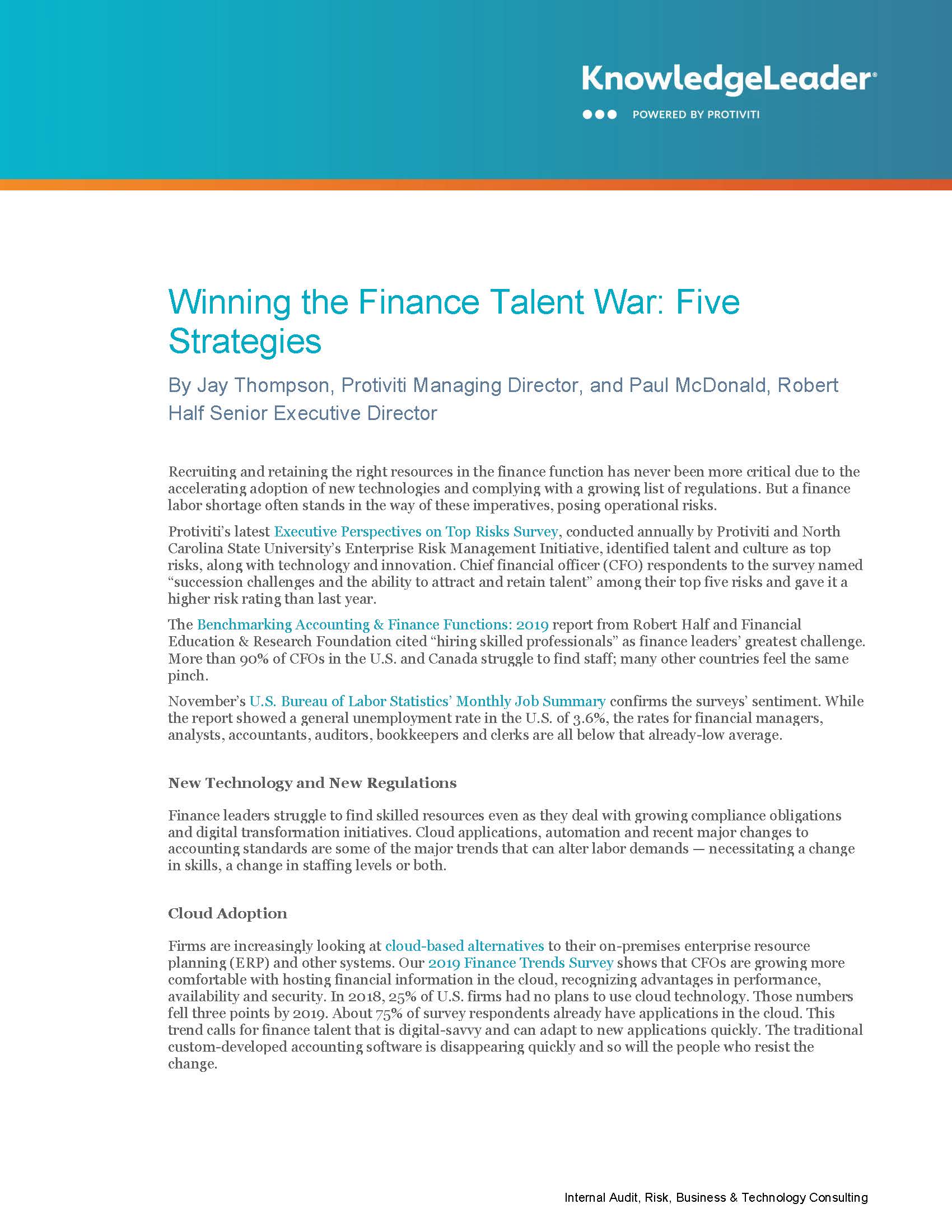 Screenshot of the first page of Winning the Finance Talent War Five Strategies