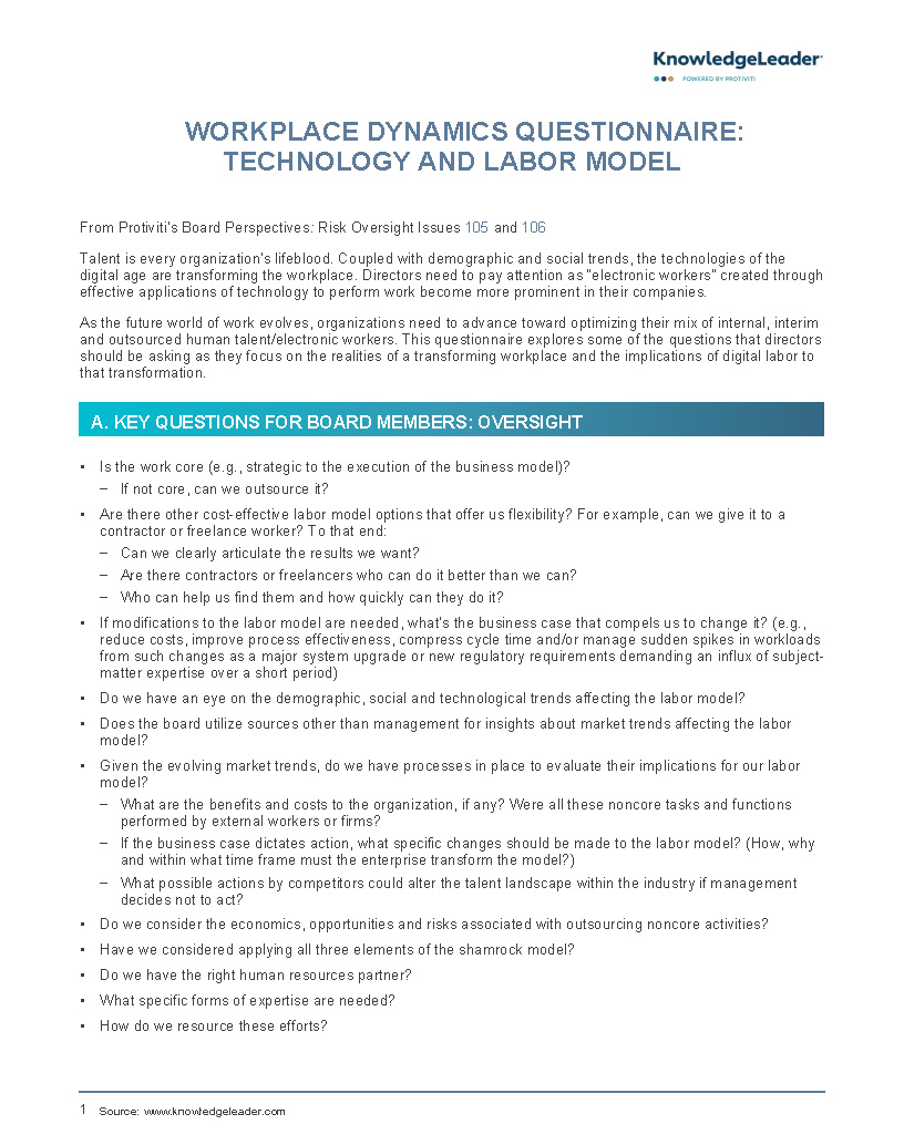Screenshot of the first page of Workplace Dynamics Questionnaire Technology and Labor Model
