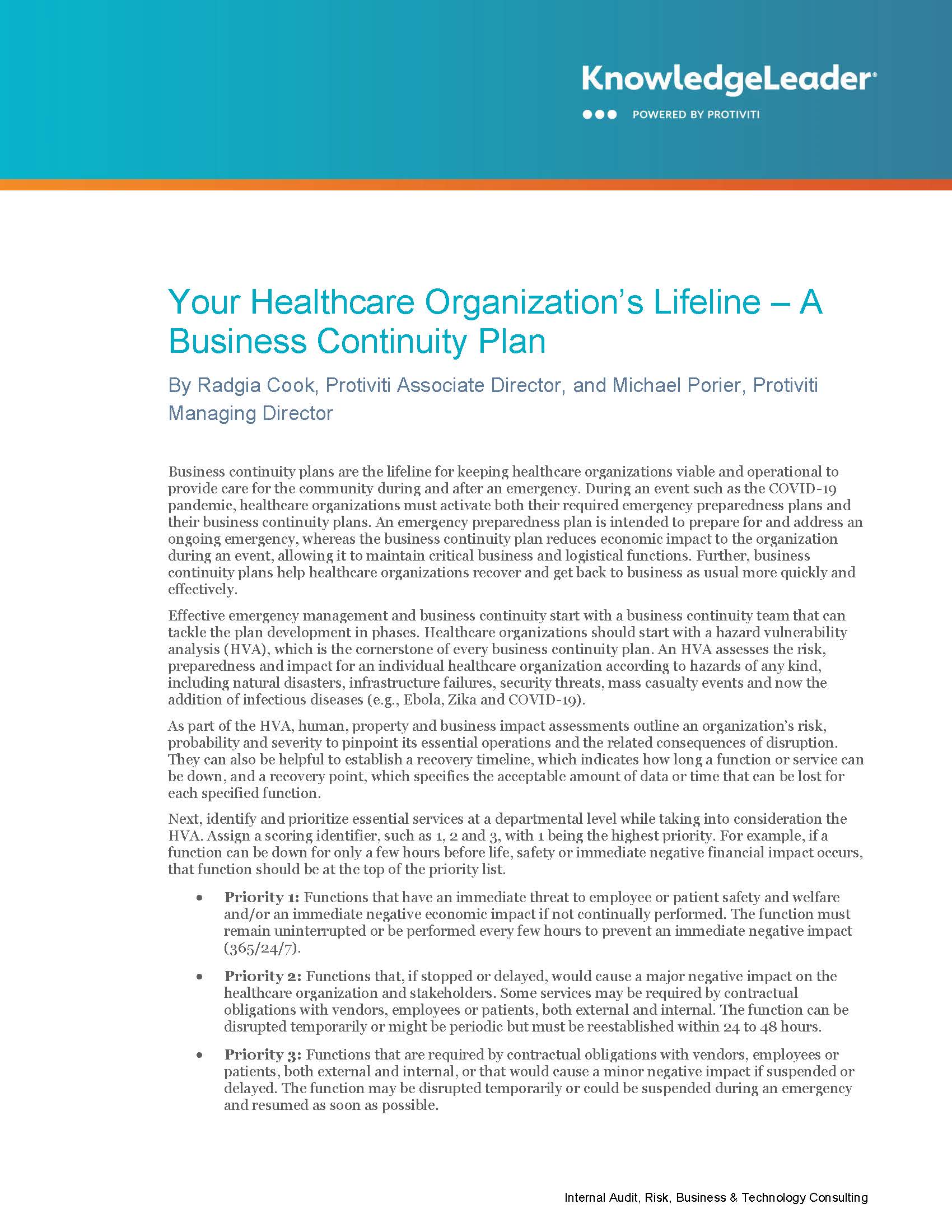 Screenshot of the first page of Your Healthcare Organization’s Lifeline — A Business Continuity Plan