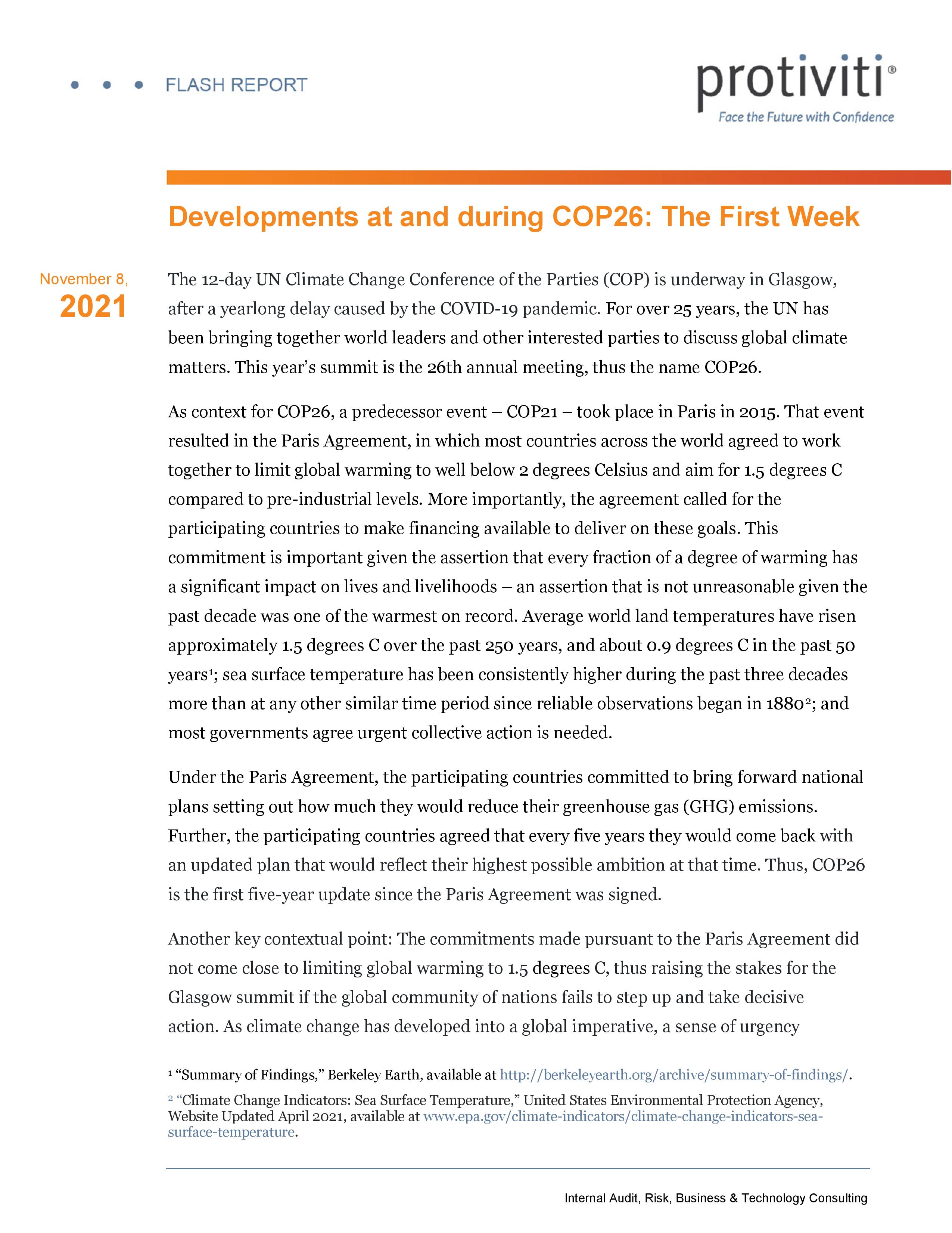 Screenshot of the first page of protiviti-flash-report-cop26-developments-first-week-110821-page-001
