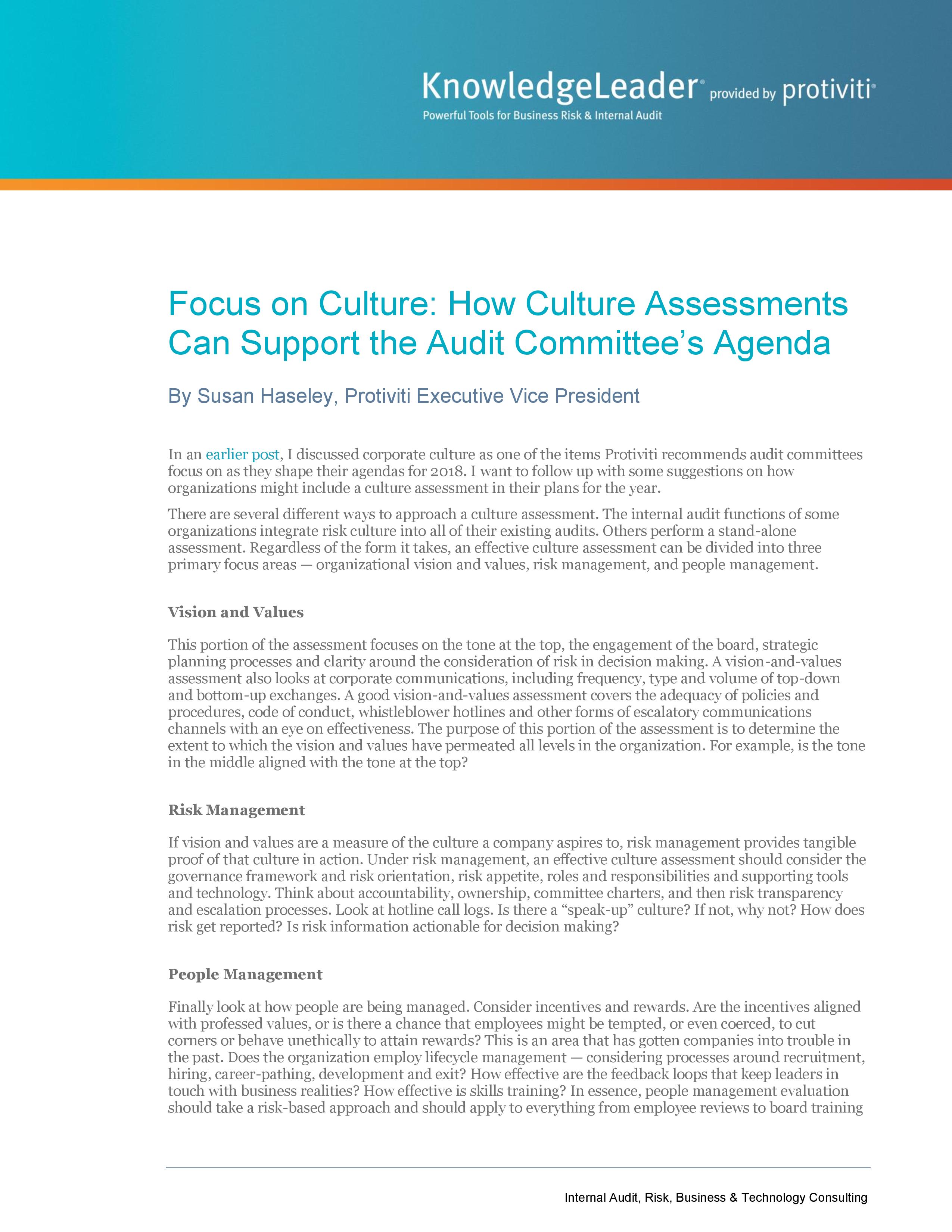 screenshot of the first page of Focus on Culture-How Culture Assessments Can Support the Audit Committee’s Agenda