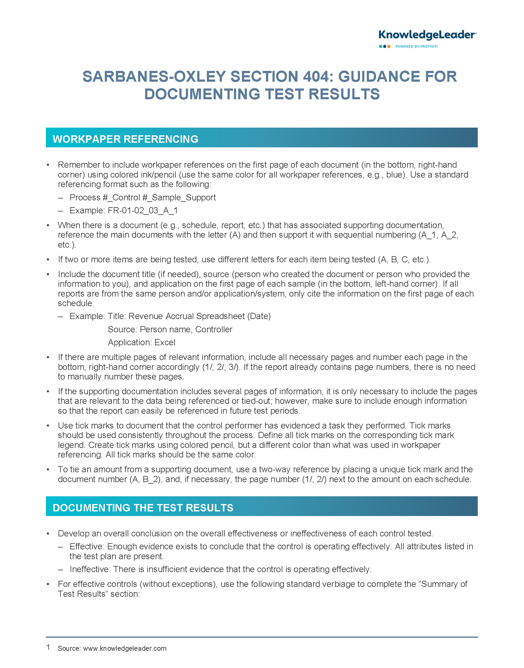 Guidance for Documenting Test Results - Sarbanes-Oxley Section 404