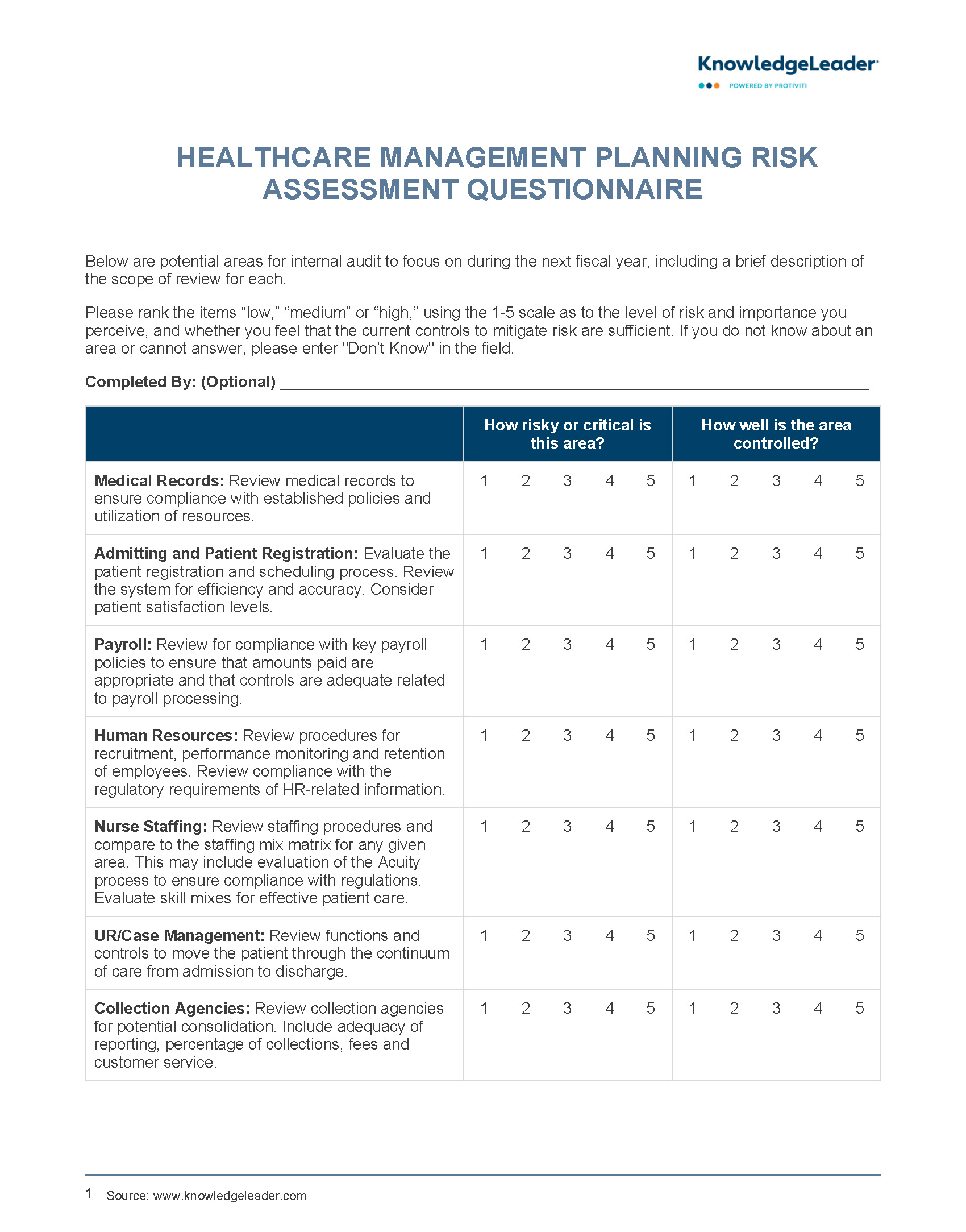 Healthcare Management Planning Risk Assessment Questionnaire