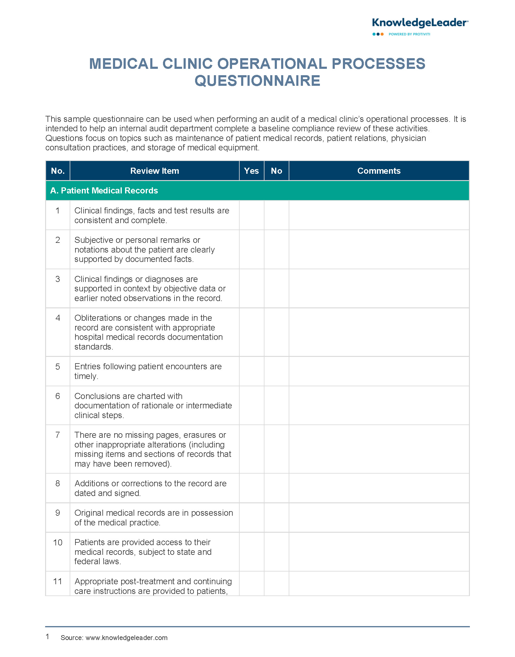 Medical Clinic Operational Processes Questionnaire