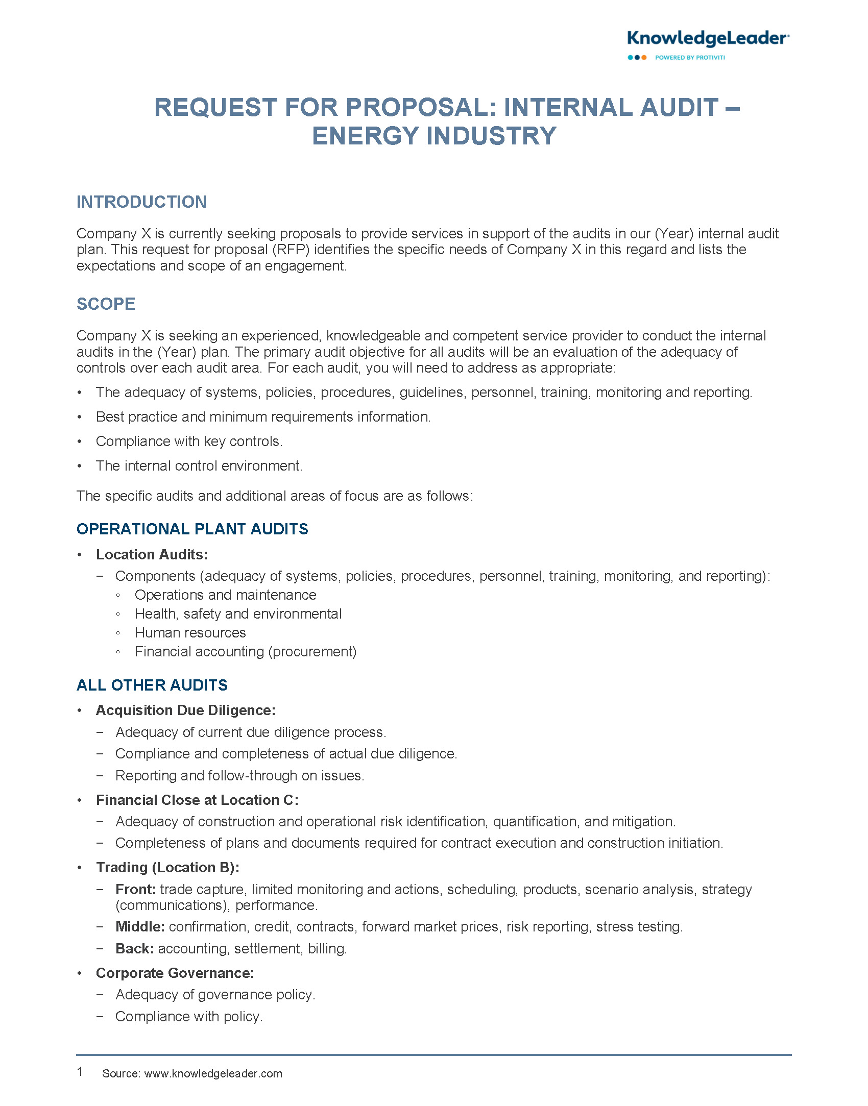 Request For Proposal - Internal Audit – Energy Industry