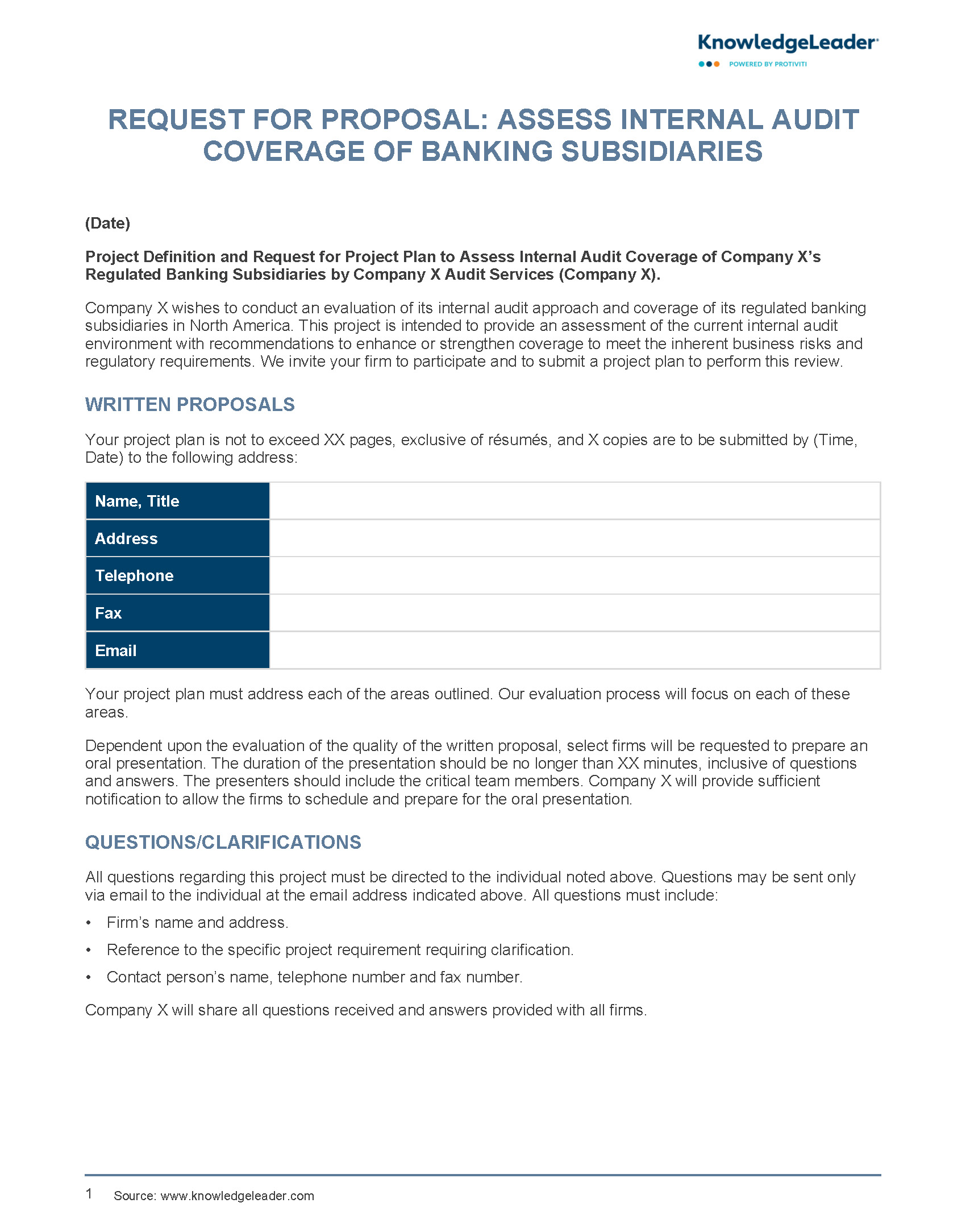Request for Proposal Assess Internal Audit Coverage of Banking Subsidiaries