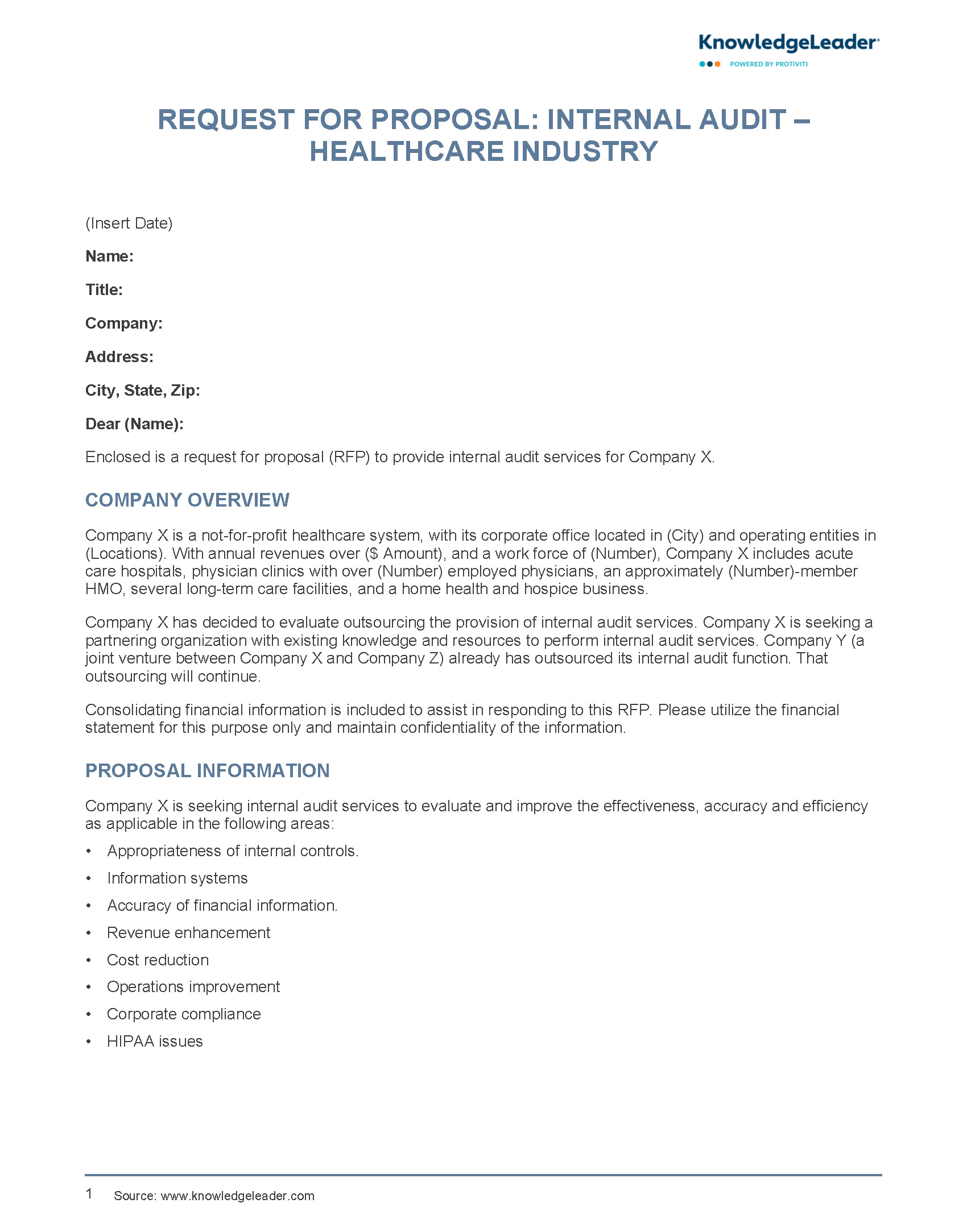 Request for Proposal Internal Audit – Healthcare Industry