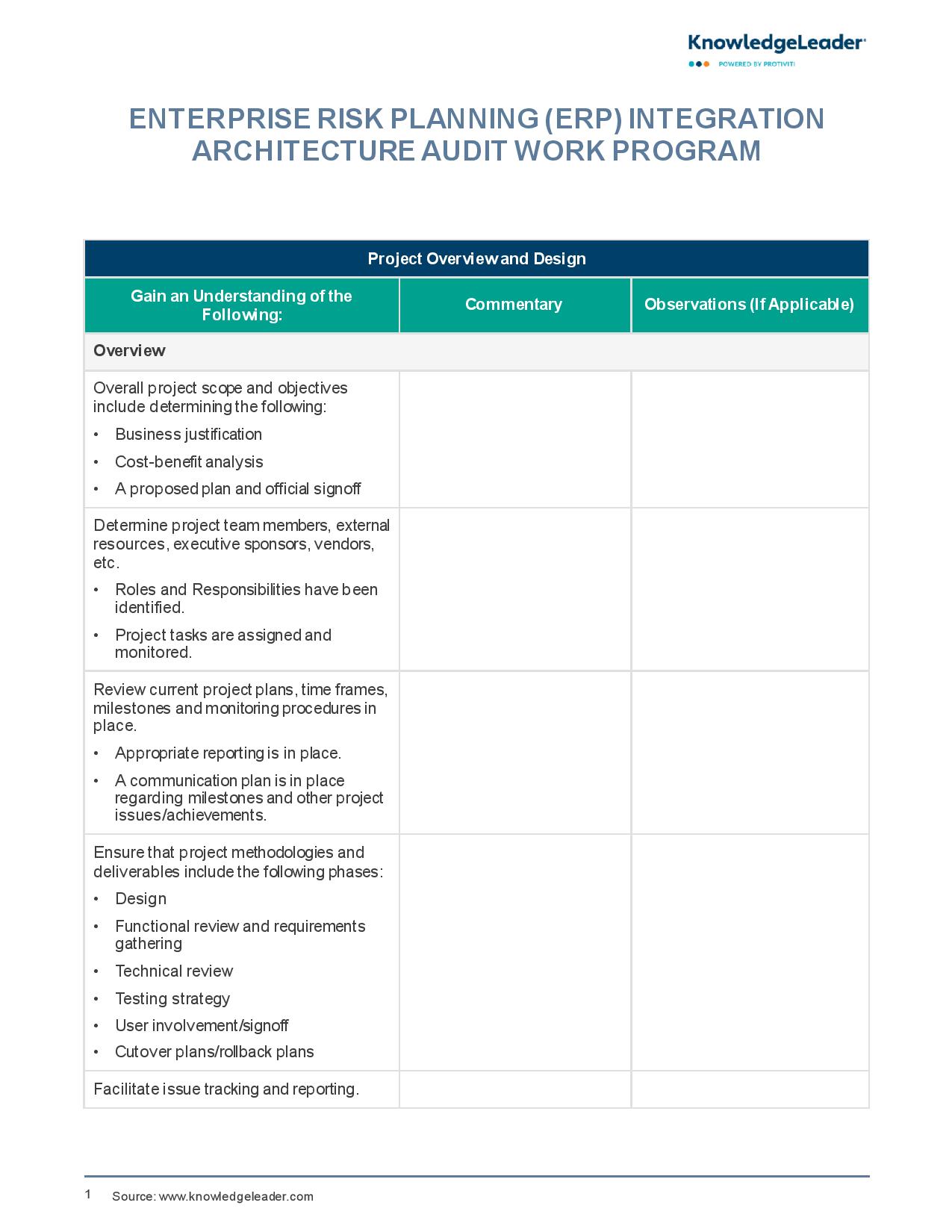 Screenshot of the first page of Enterprise Risk Planning (ERP) Integration Architecture Audit Work Program