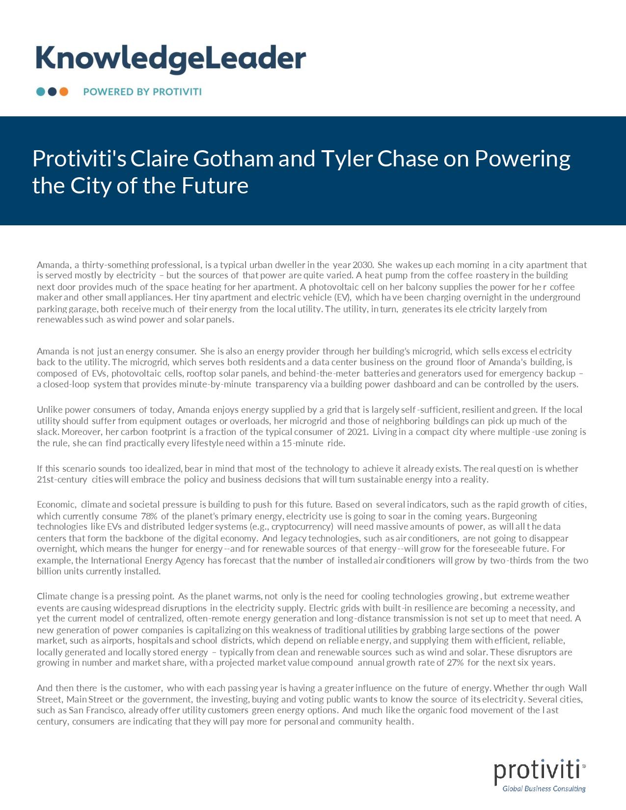 Screenshot of the page of Protiviti s Claire Gotham and Tyler Chase on Powering the City of the Future