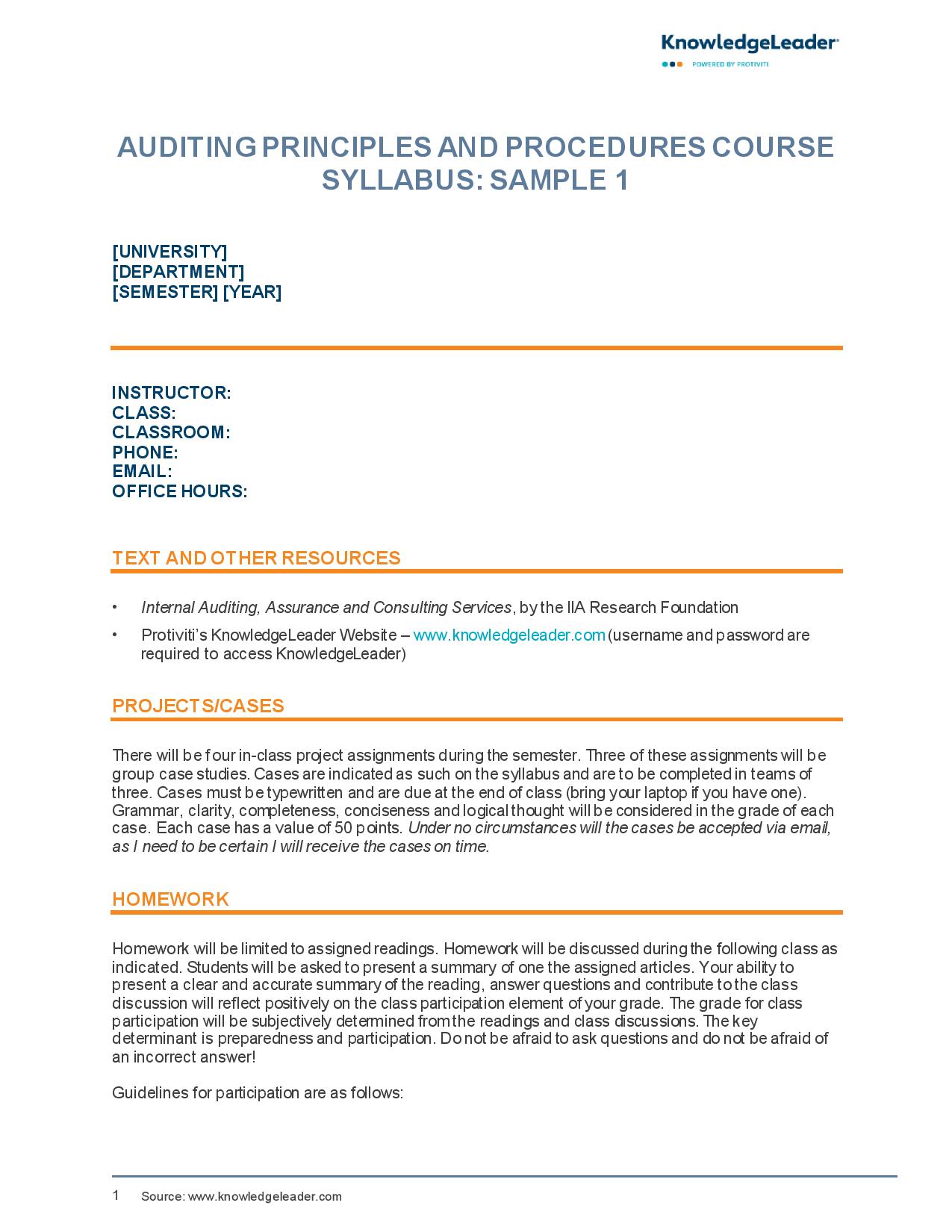 Screenshot of the first image of Auditing Principles and Procedures Course Syllabus Samples 1 and 2
