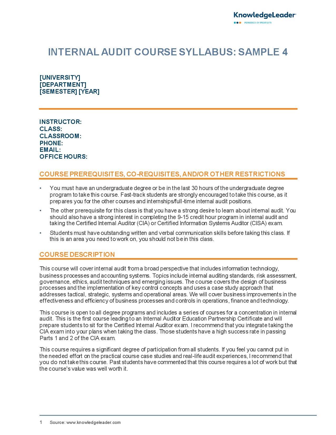 Screenshot of first page of Internal Audit Course Syllabus Sample 4