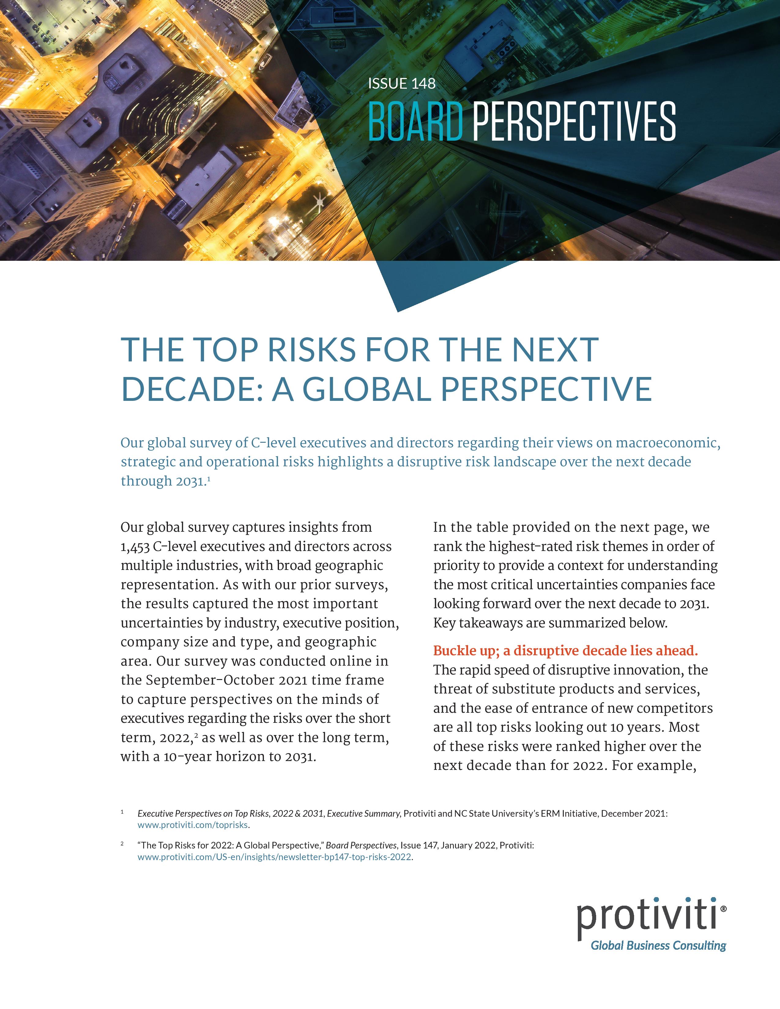 screenshot of the first page of newsletter-bp-issue148-top-risks-next-decade-protiviti-2022 (1)