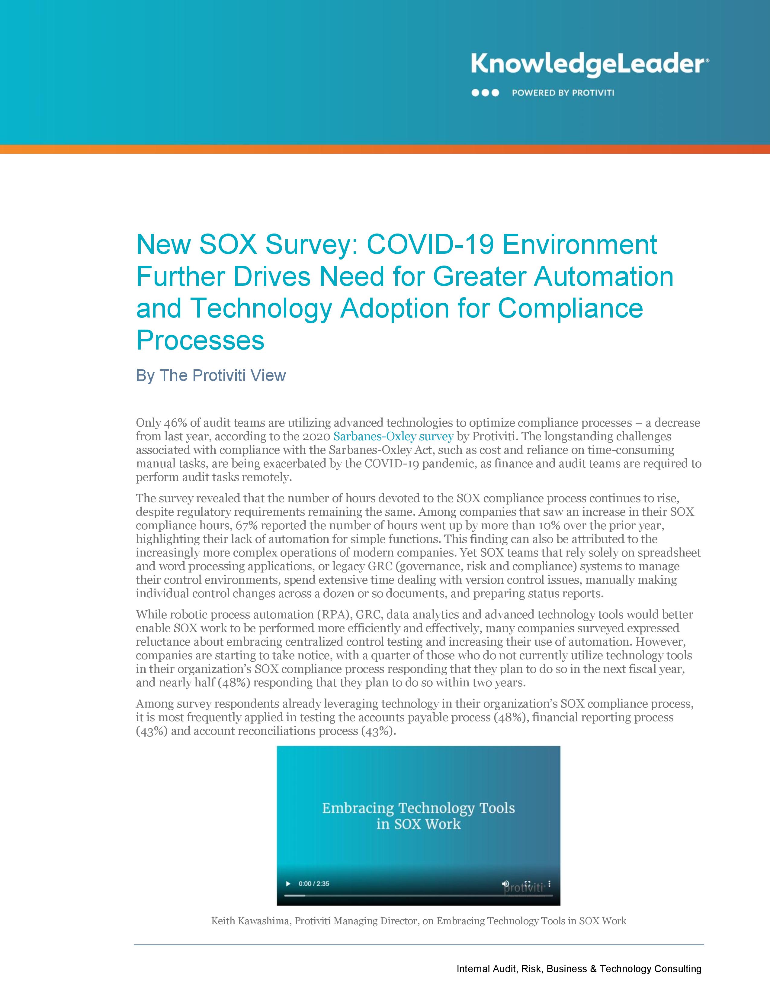 Screenshot of first page of New SOX Survey: COVID-19 Environment Further Drives Need for Greater Automation and Technology Adoption for Compliance Processes