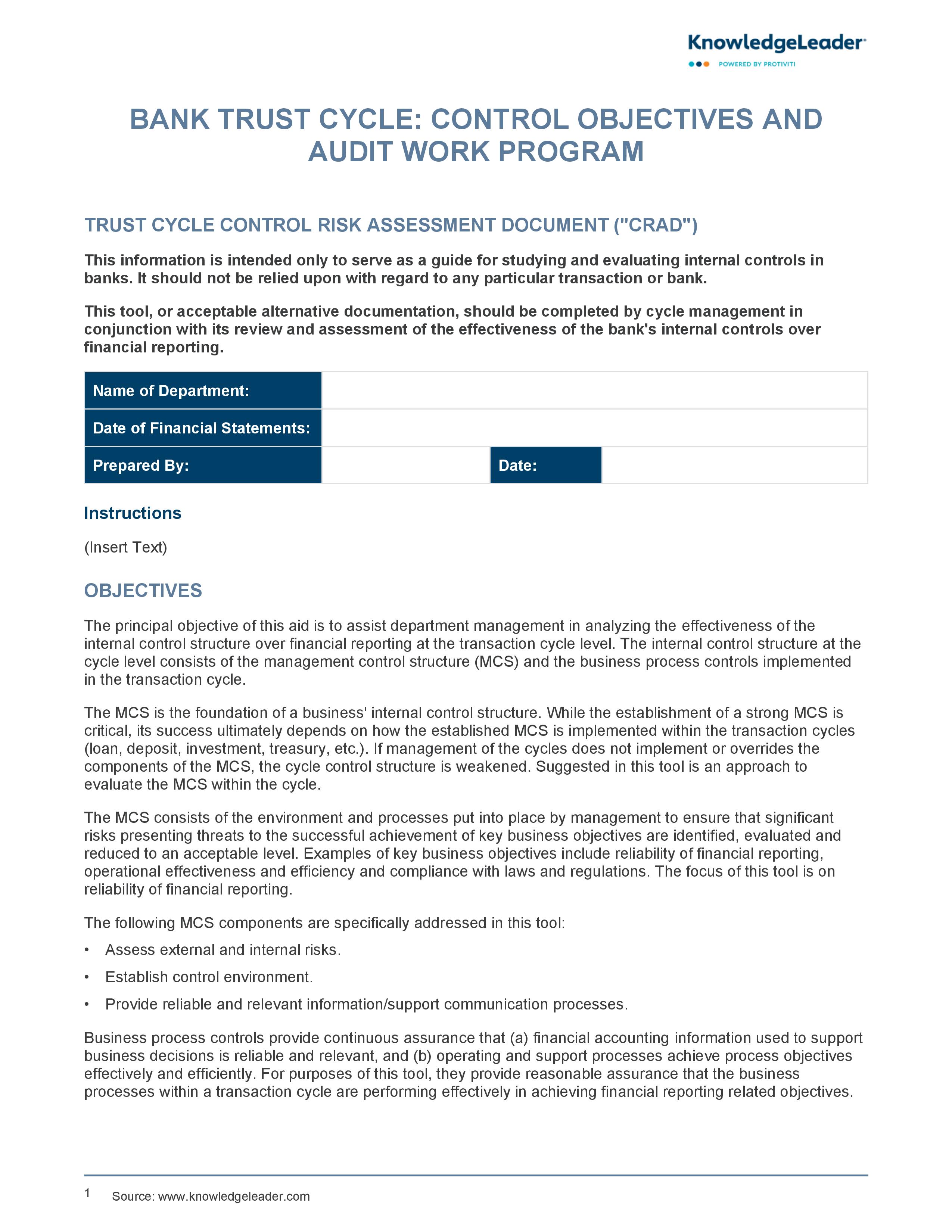 screenshot of the first page of the Bank Trust Cycle - Control Objectives and Audit Work Program