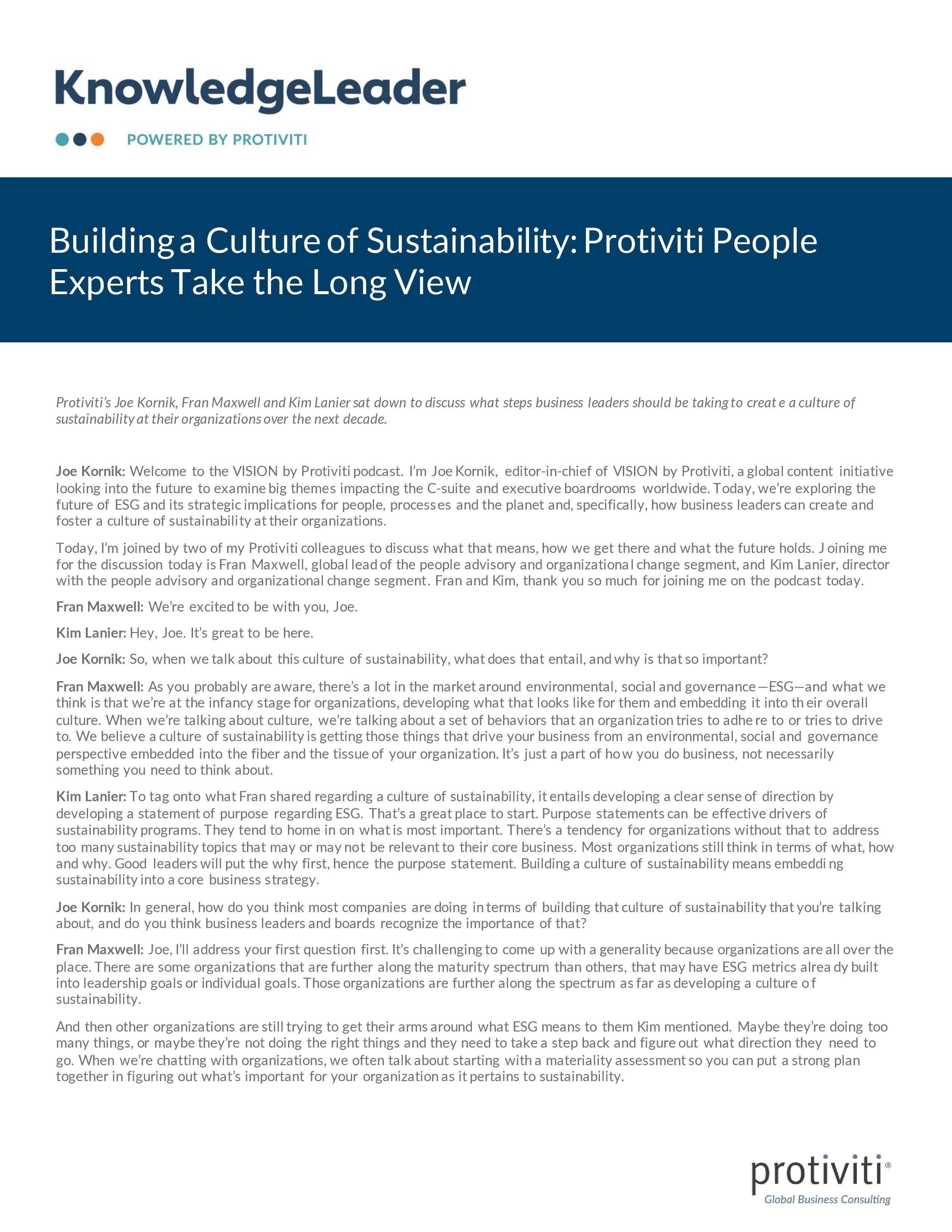 Screenshot of the first page of Building a Culture of Sustainability Protiviti People Experts Take the Long View