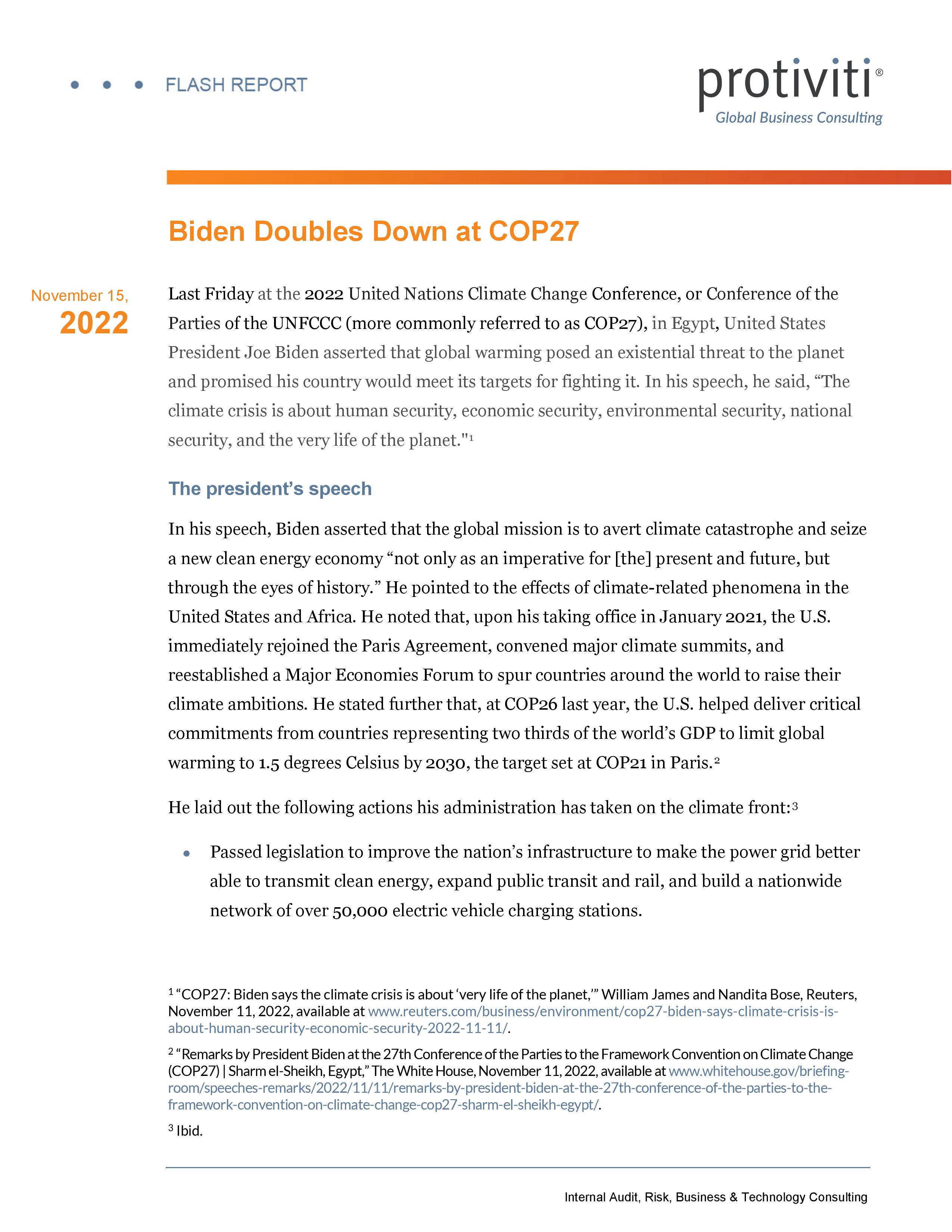 Screenshot of the first page of protiviti-flash-report-biden-doubles-down-at-cop27-111522