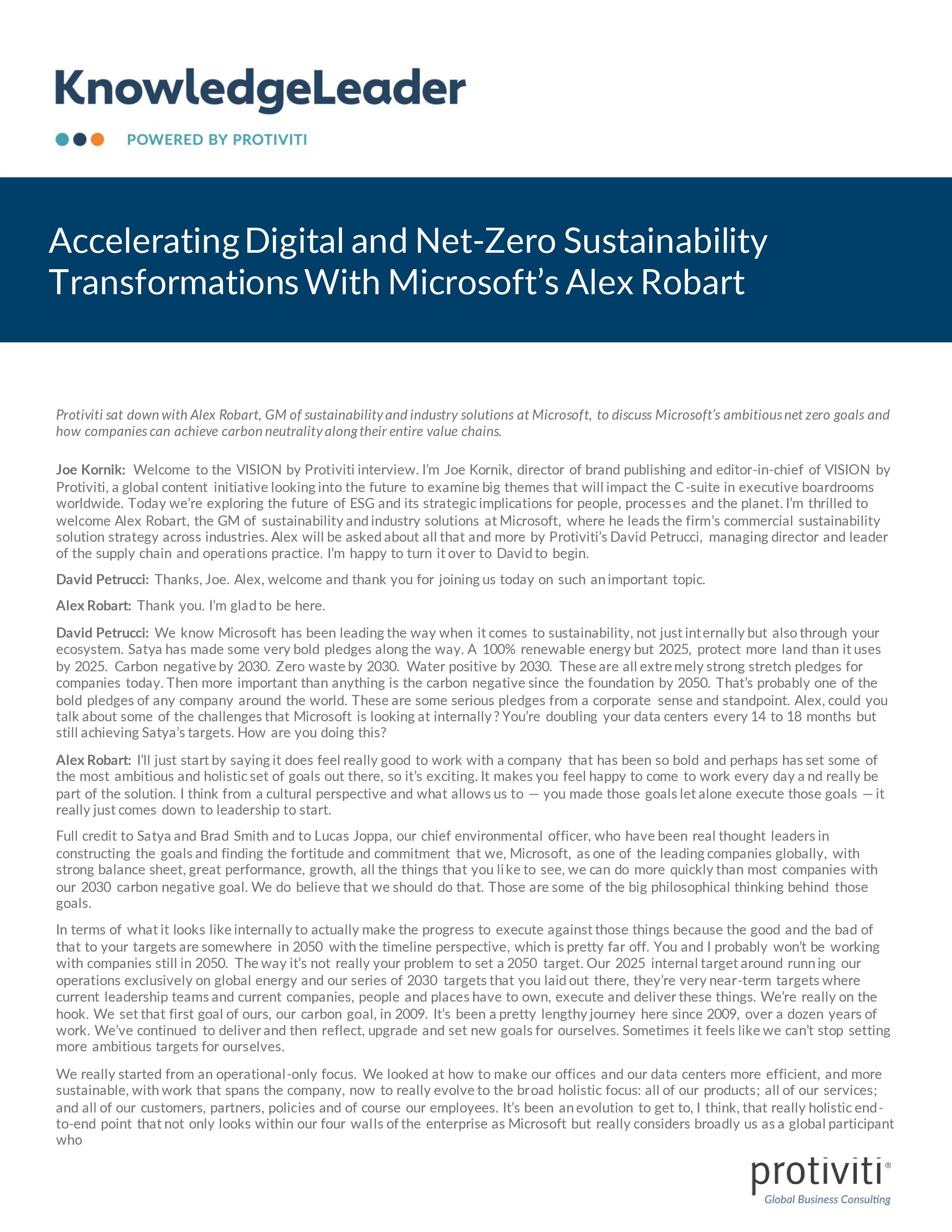 Screenshot of the first page of Accelerating Digital and Net-Zero Sustainability Transformations With Microsoft’s Alex Robart