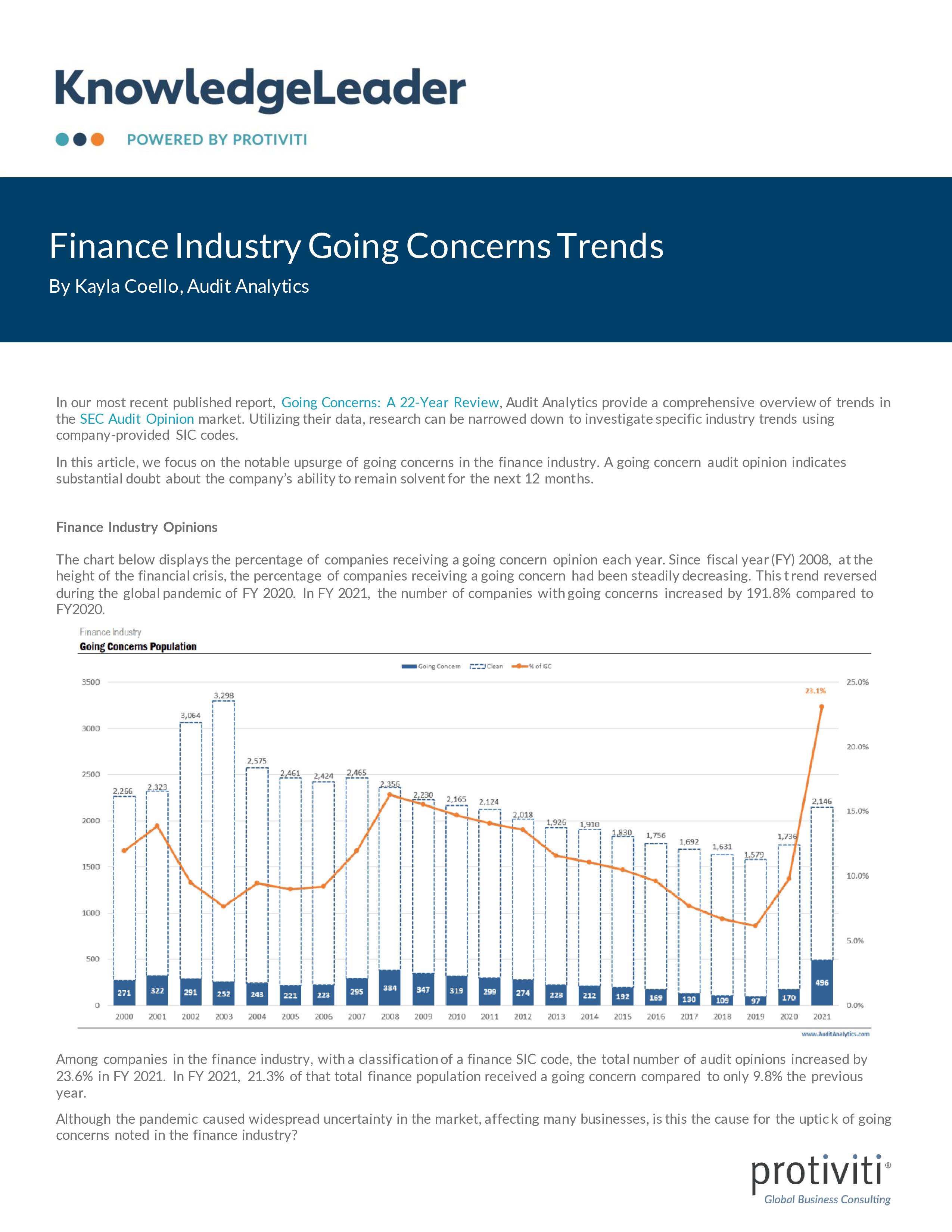 Screenshot of the first page of Finance Industry Going Concerns Trends