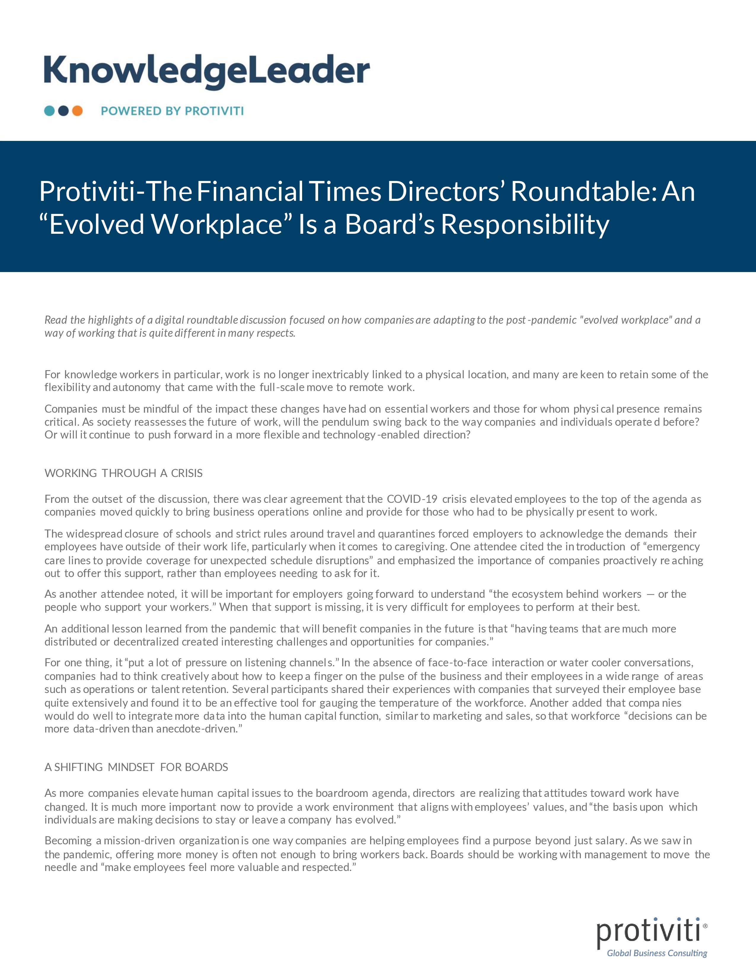 Screenshot of the first page of Protiviti-The Financial Times Directors’ Roundtable An “Evolved Workplace” Is a Board’s Responsibility