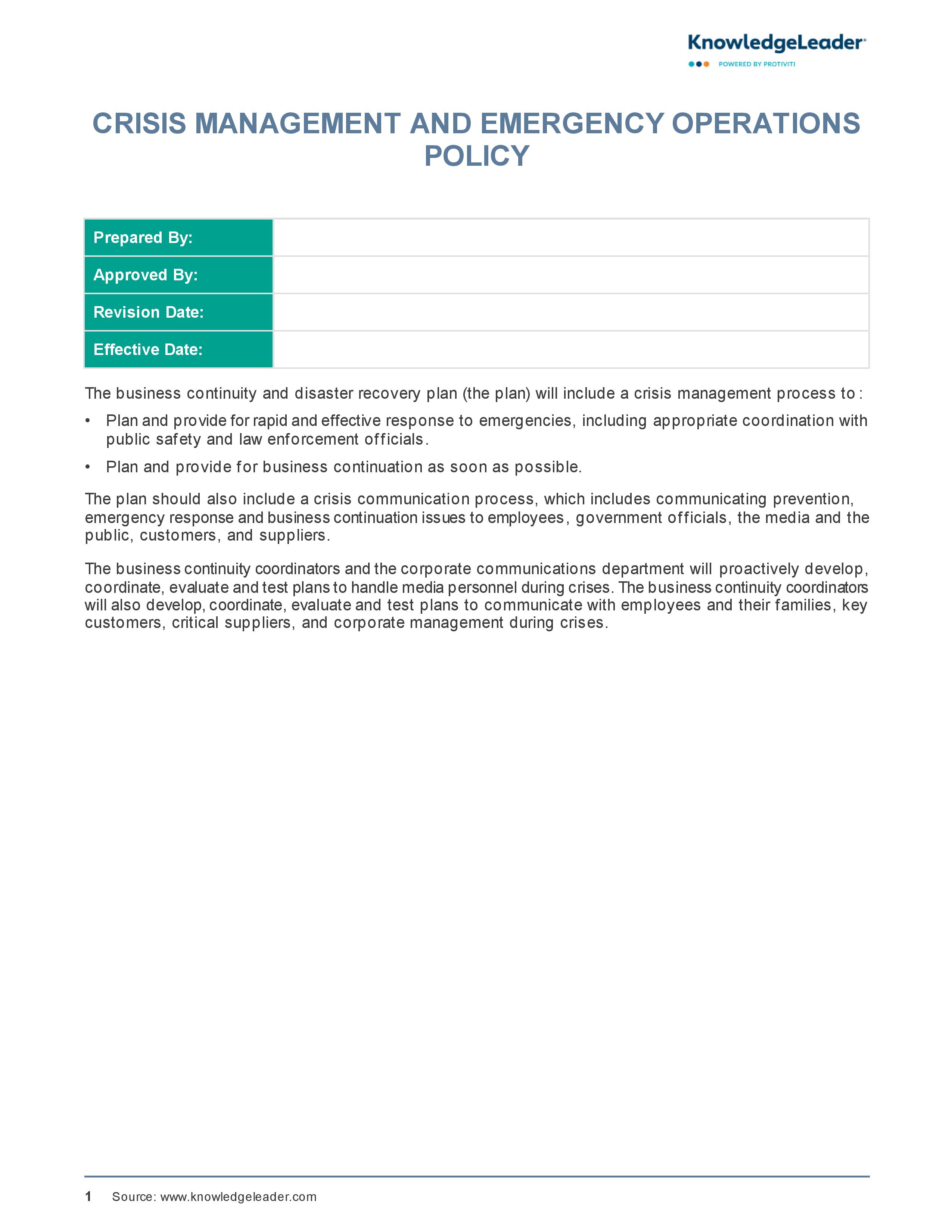 Screenshot of the first page of Crisis Management and Emergency Operations Policy