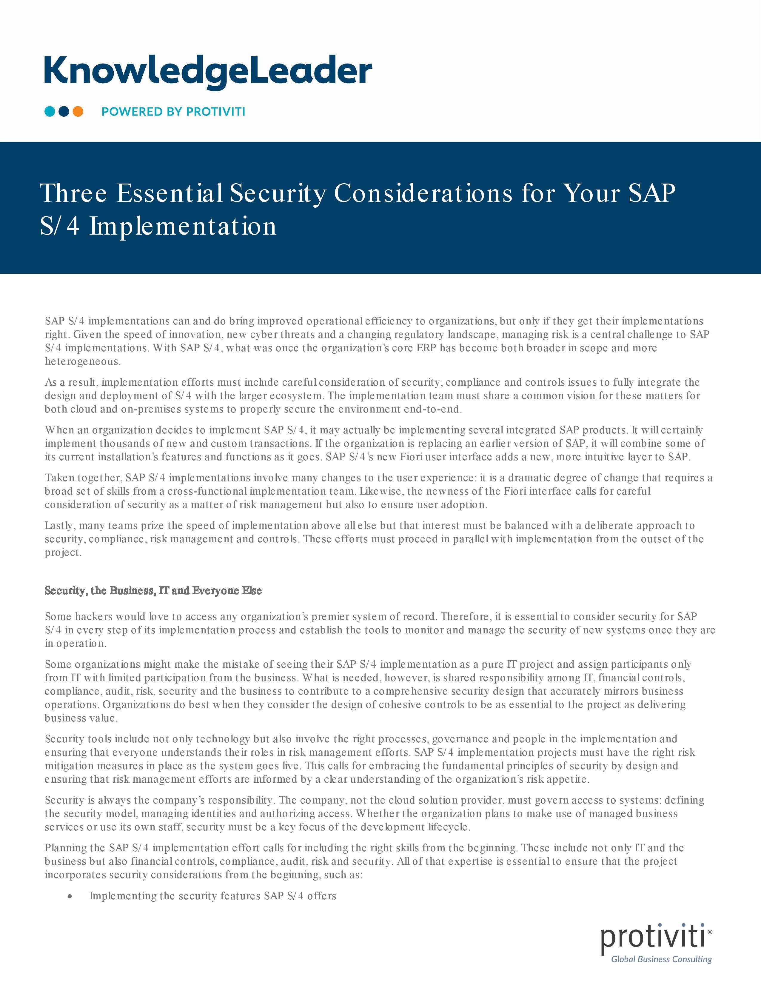 Screenshot of the first page of Three Essential Security Considerations for Your SAP S4 Implementation
