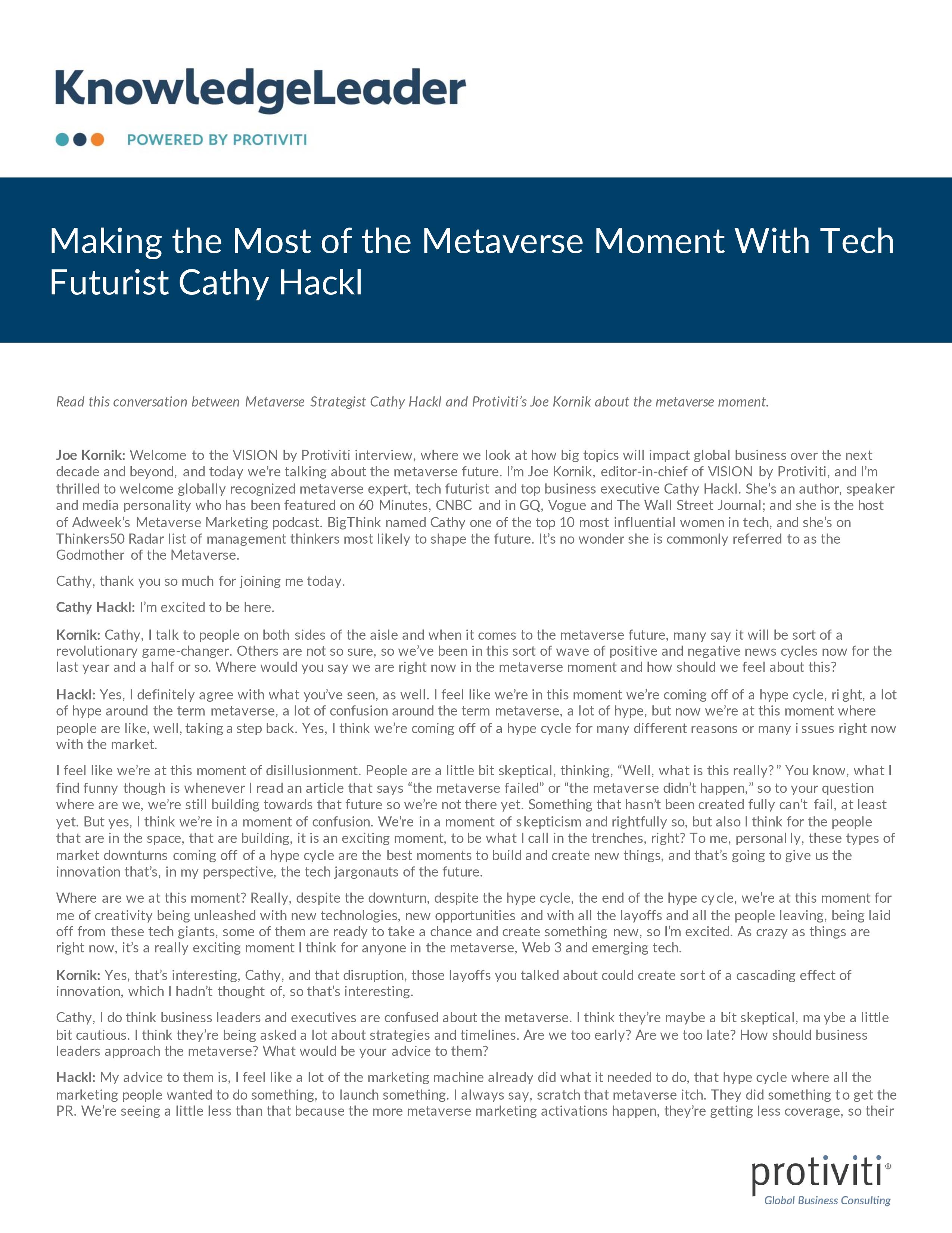 Screenshot of the first page of Making the Most of the Metaverse Moment With Tech Futurist Cathy Hackl