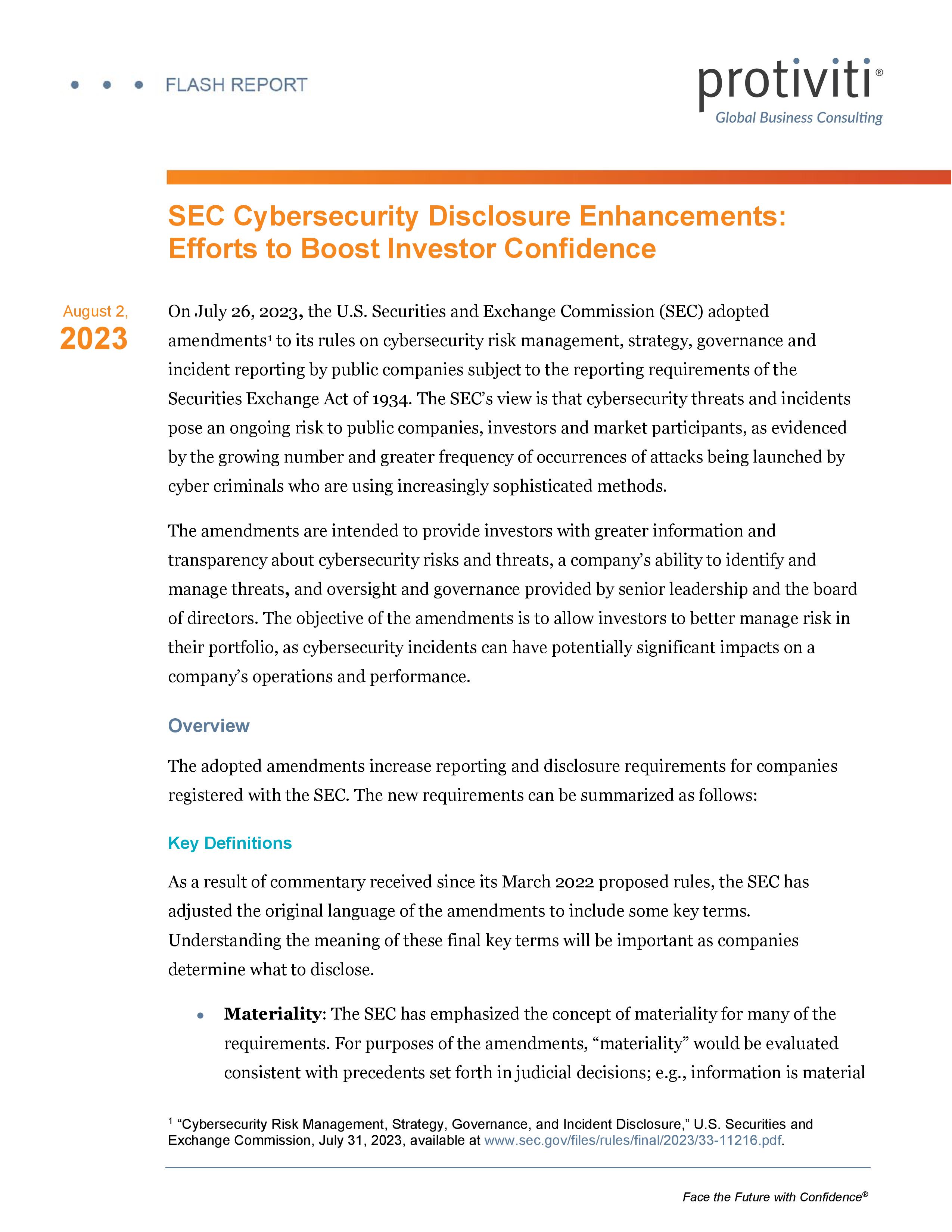 screenshot of the first page of SEC Cybersecurity Disclosure Enhancements Efforts to Boost Investor Confidence