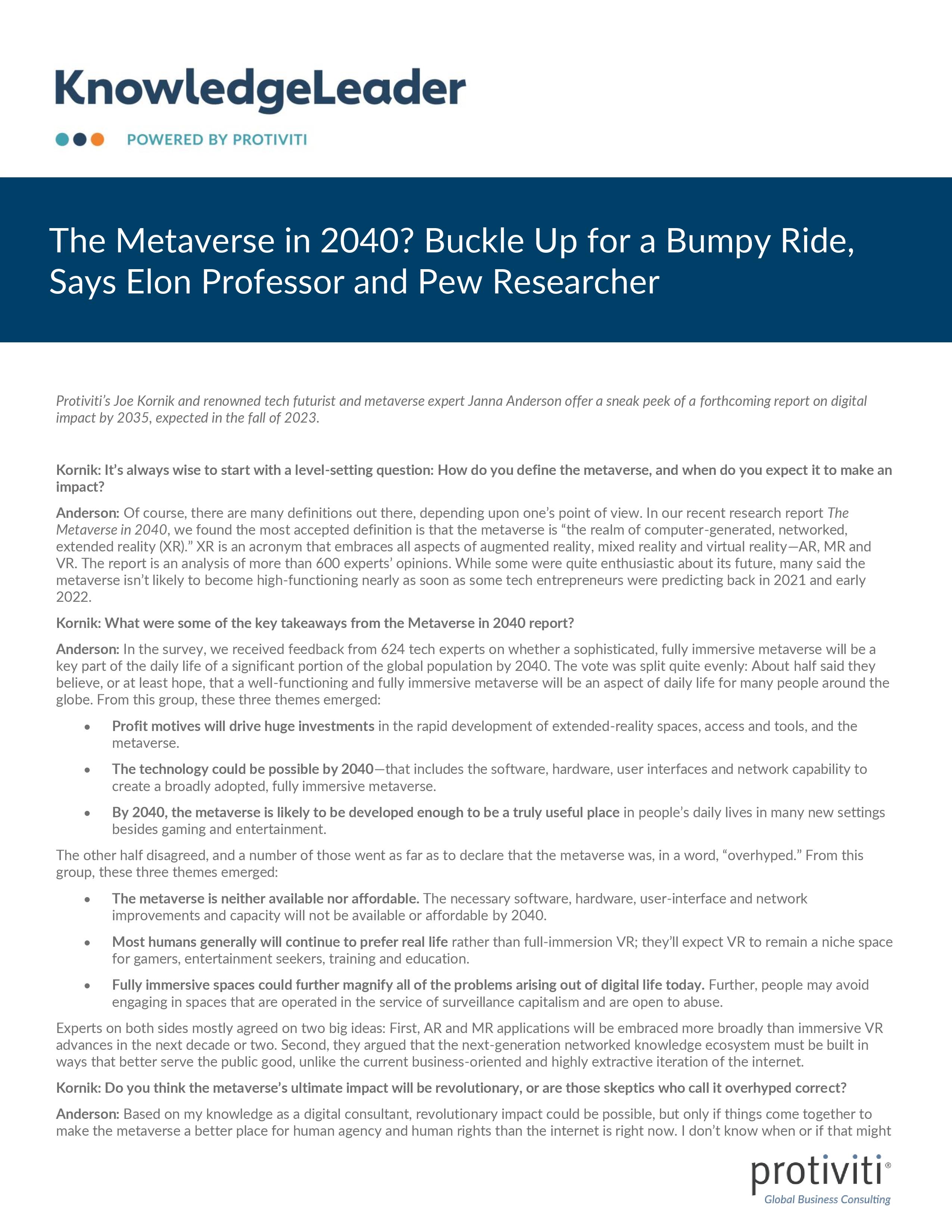 Screenshot of the first page of The Metaverse in 2040 Buckle Up for a Bumpy Ride, Says Elon Professor and Pew Researcher