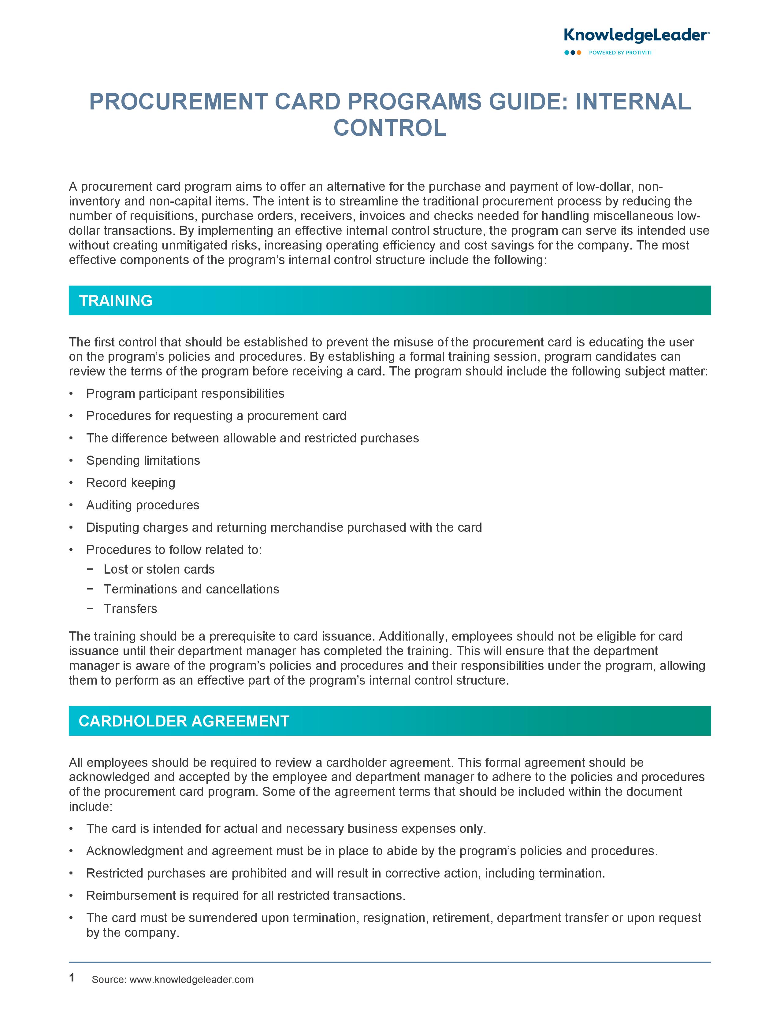 screenshot of the first page of Procurement Card Programs Guide Internal Control