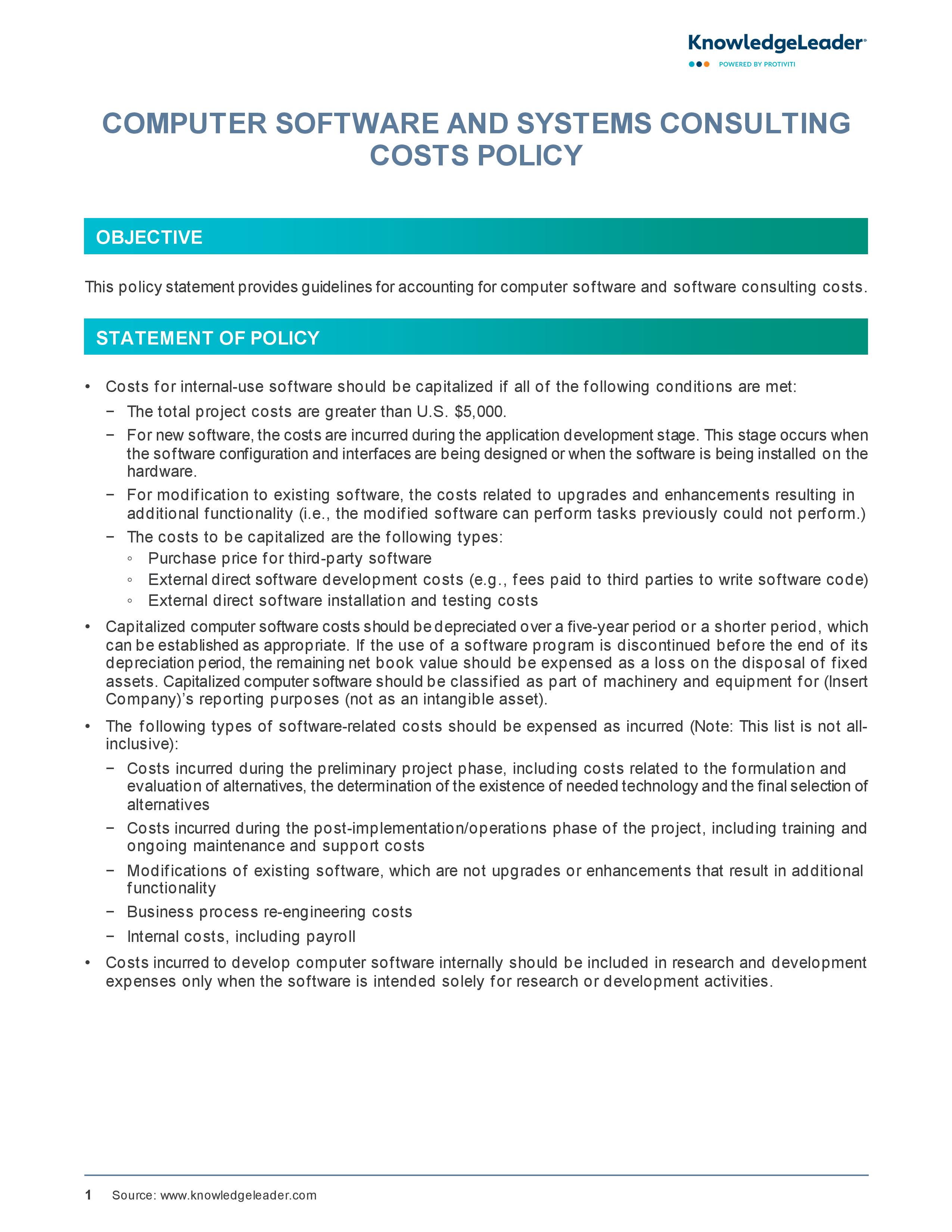 screenshot of the first page of Computer Software and Systems Consulting Costs Policy