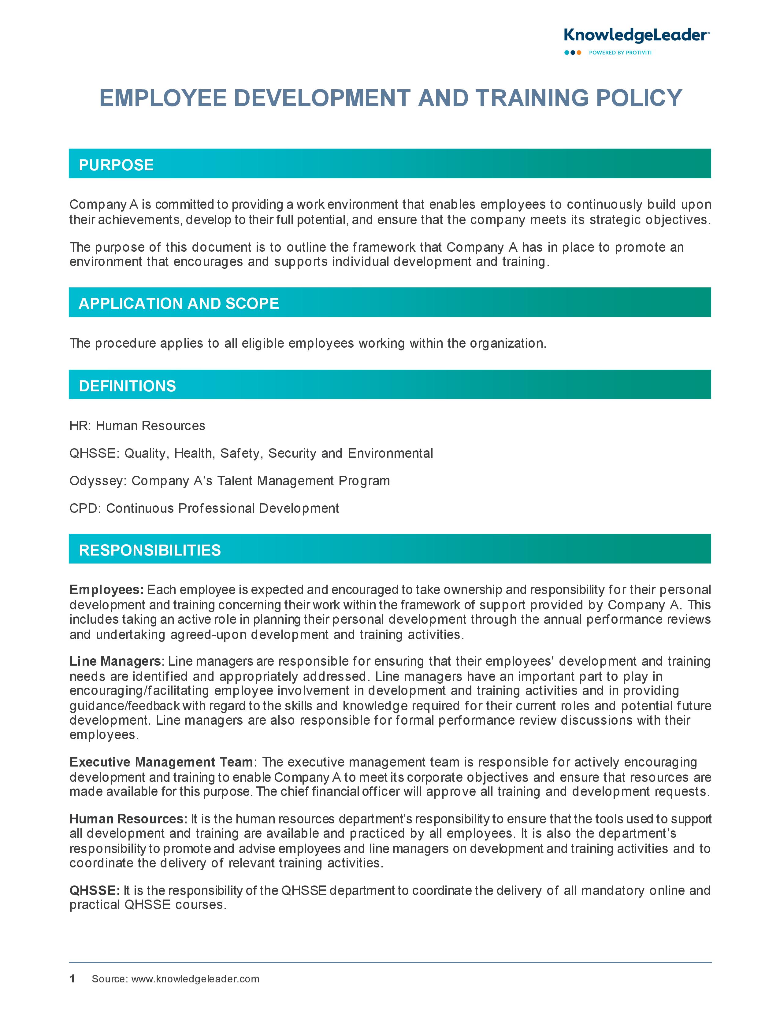 screenshot of the first page of Employee Development and Training Policy