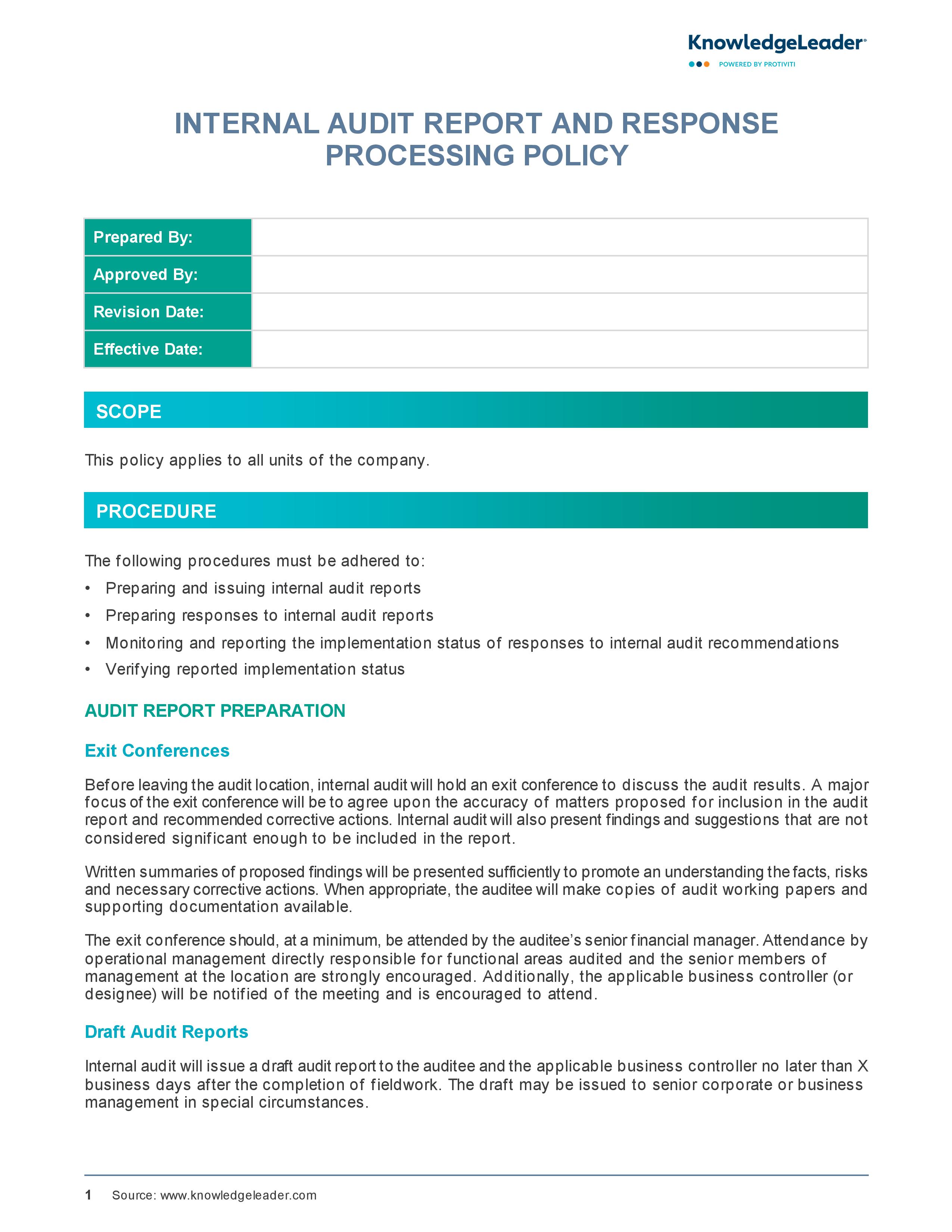 screenshot of the first page of Internal Audit Report and Response Processing Policy