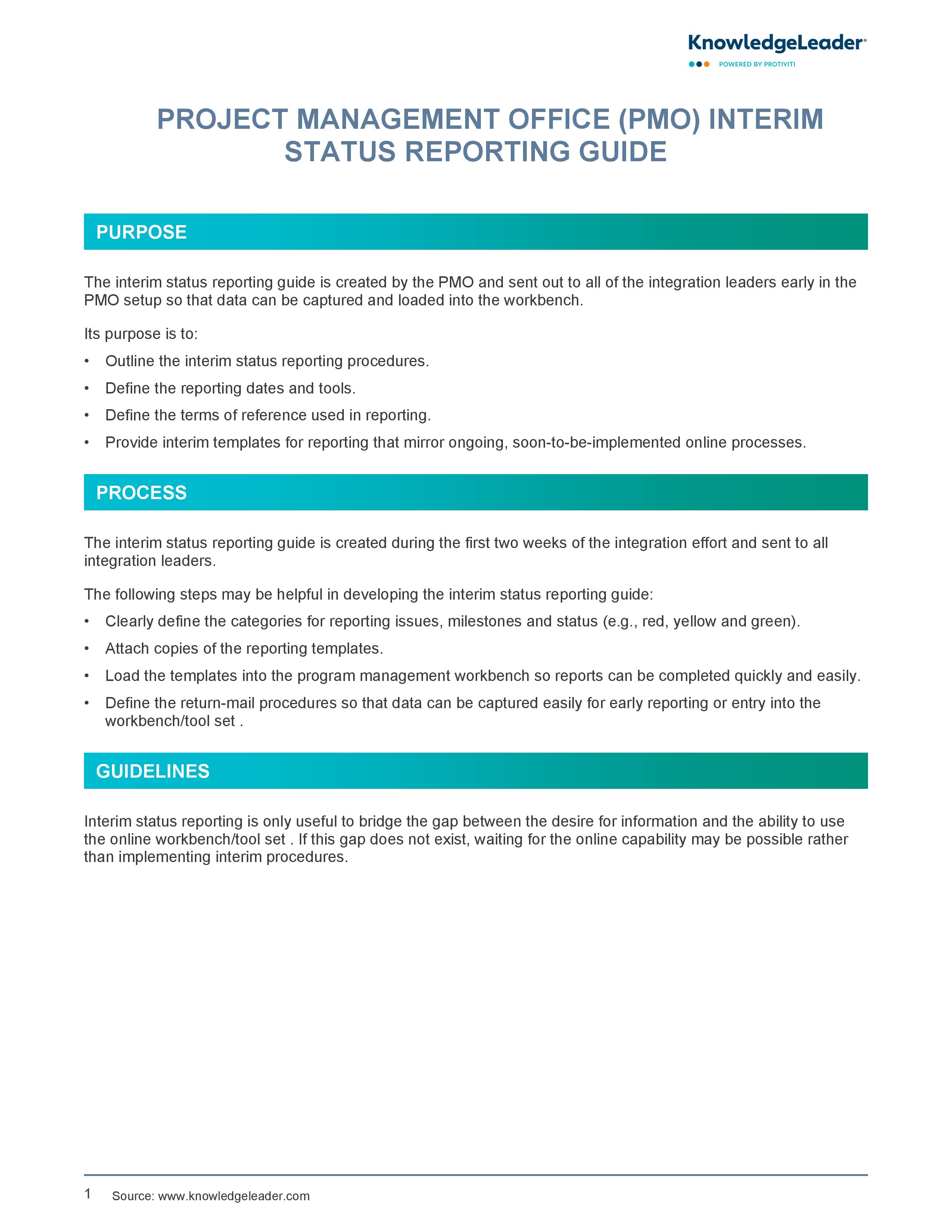 screenshot of the first page of Project Management Office (PMO) Interim Status Reporting Guide