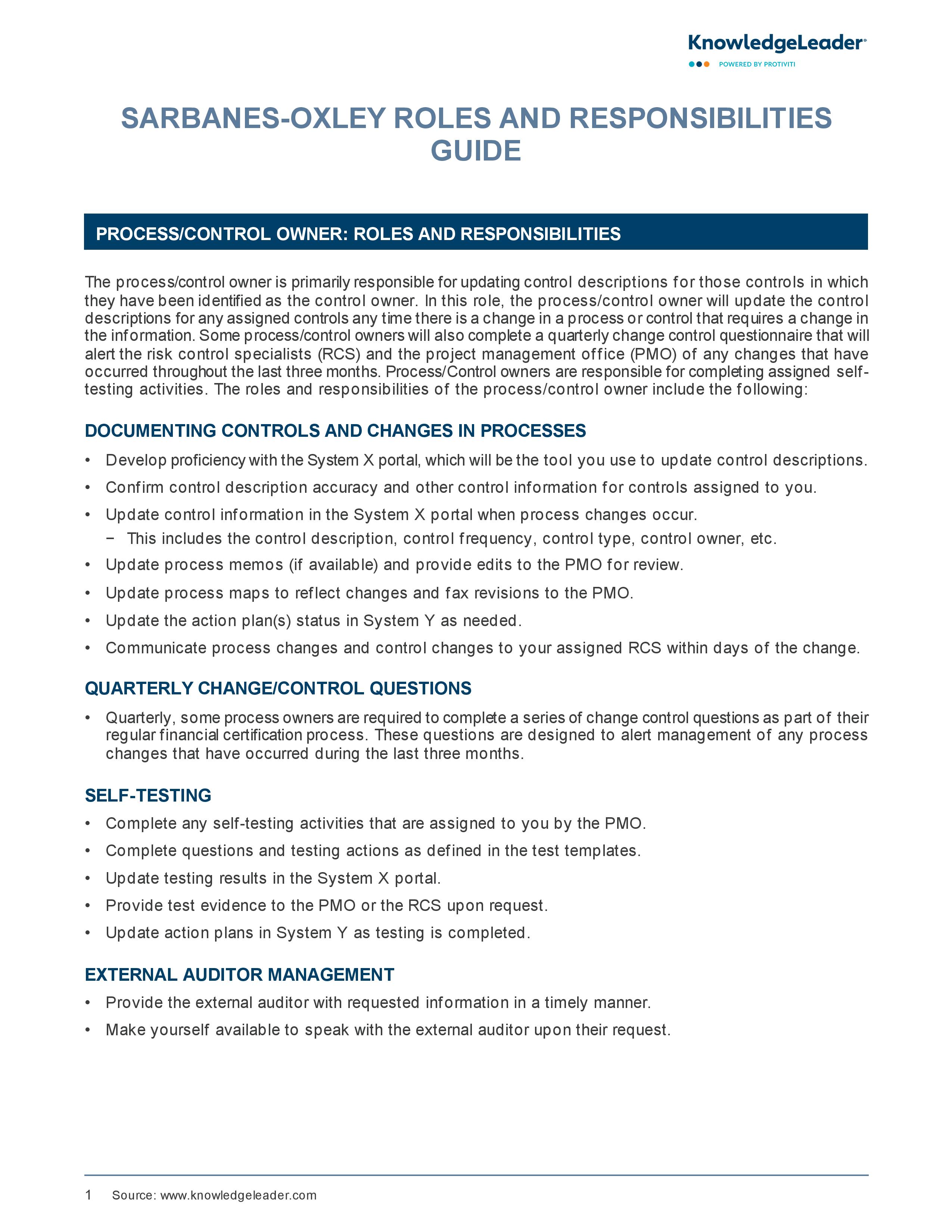 screenshot of the first page of Sarbanes-Oxley Roles and Responsibilities Guide