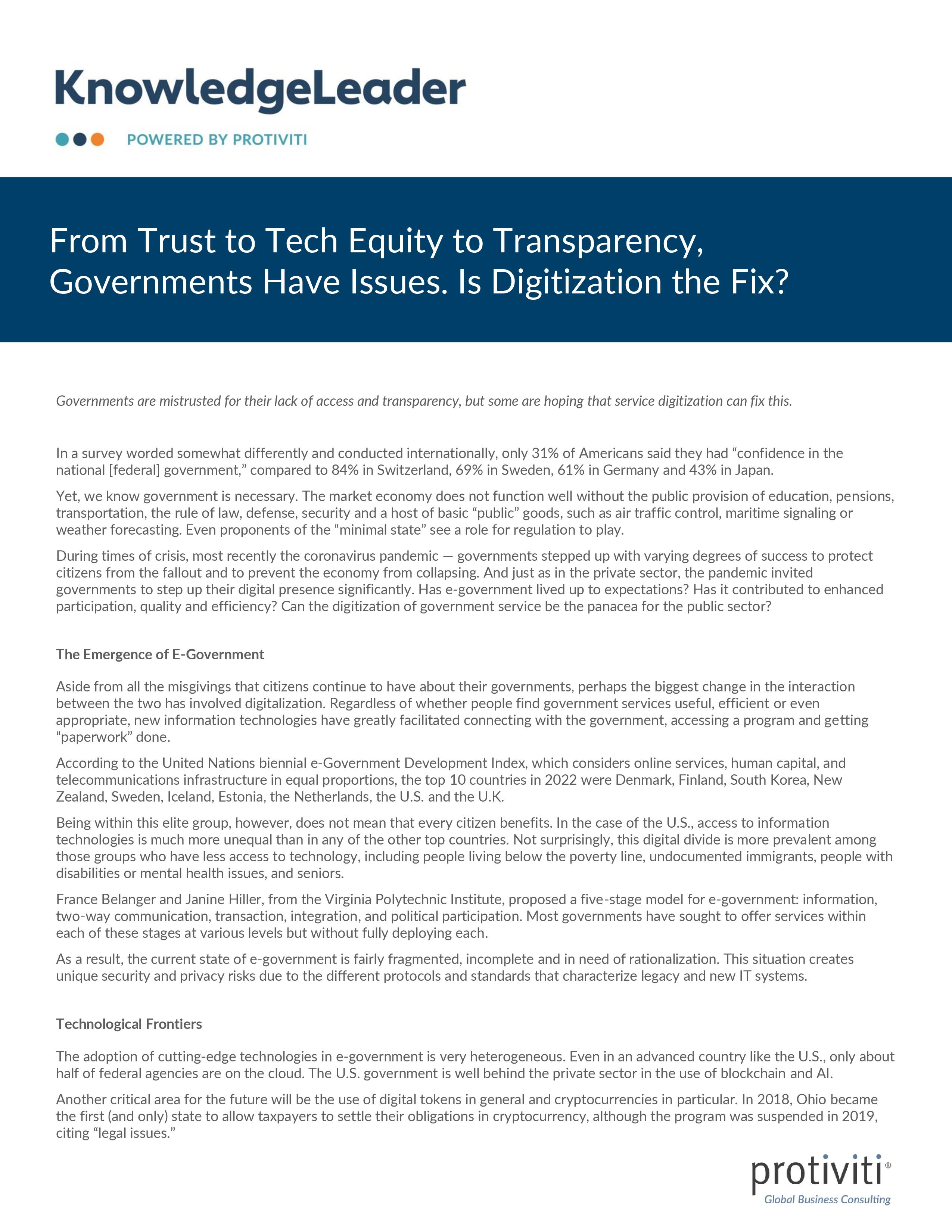 Screenshot of the first page of From Trust to Tech Equity to Transparency, Governments Have Issues Is Digitization the Fix